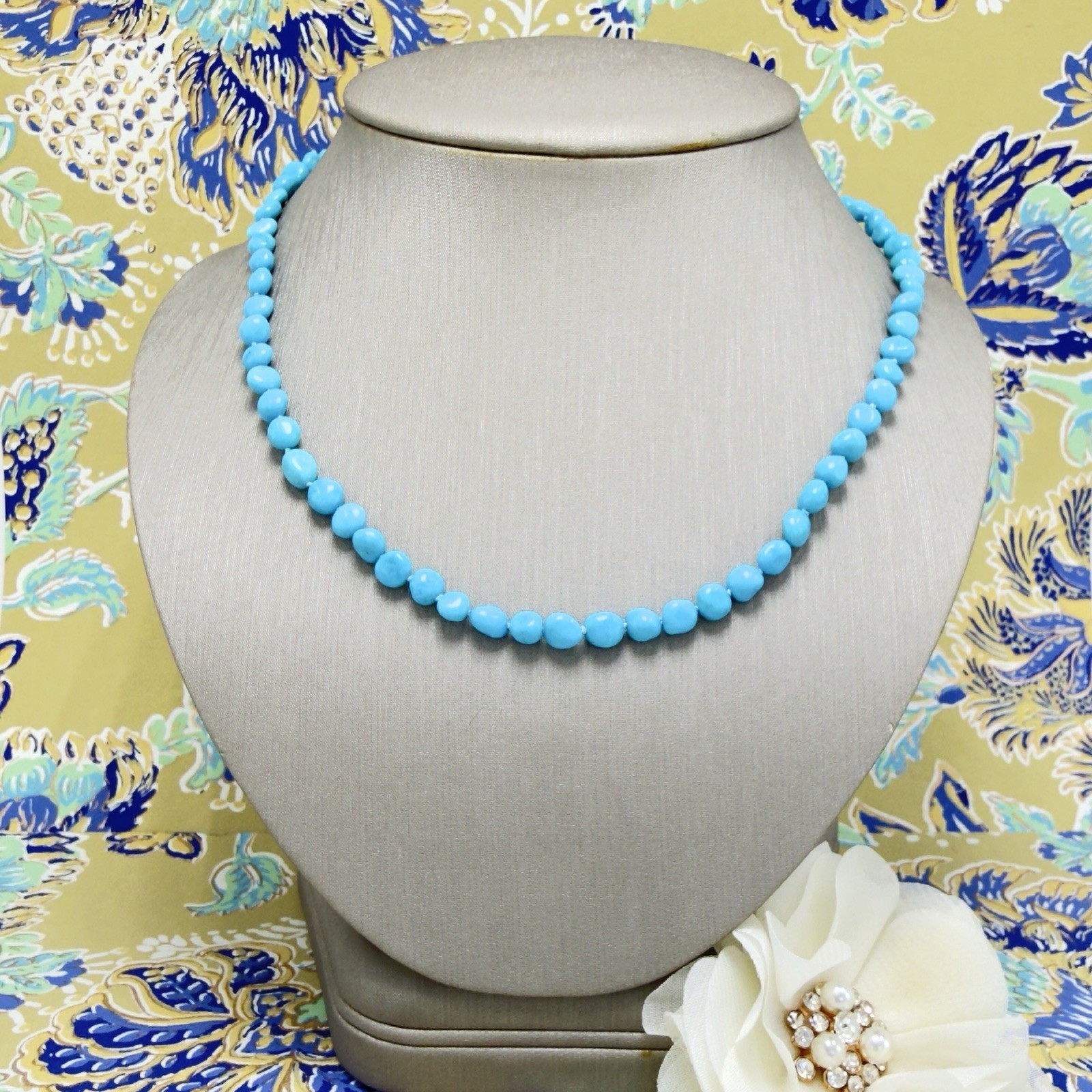 14k Yellow Gold Sleeping Beauty Turquoise Necklace, New, Adjustable 17.5-19.5″