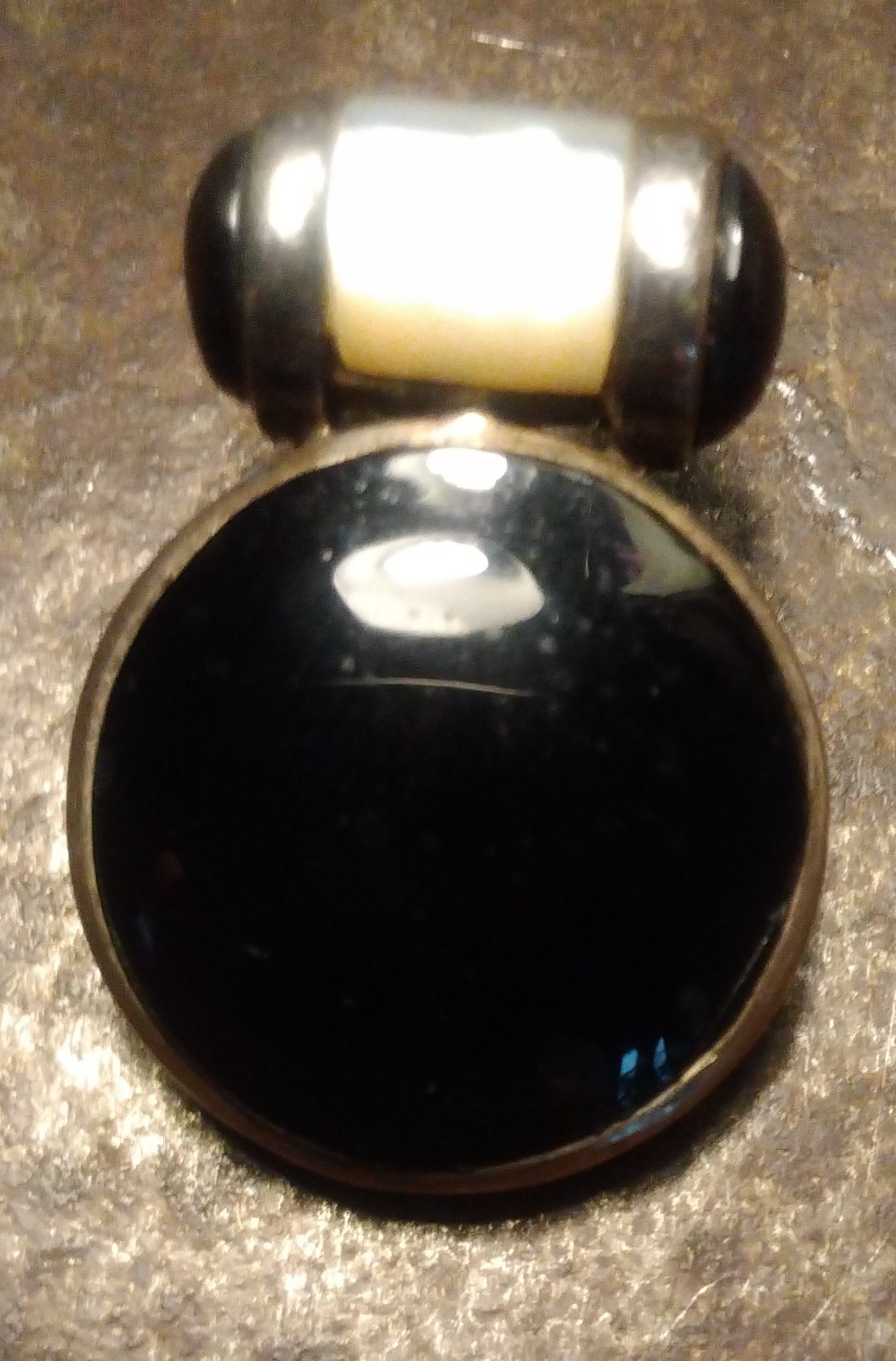 925 STERLING SILVER ONYX NECKLACE Pendant Mother Pearl MOP THAI Vtg Round Thick