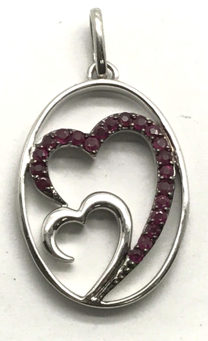 Sterling Silver Channel Set Red Ruby Pave Curved Heart – Love Oval Shape Pendant