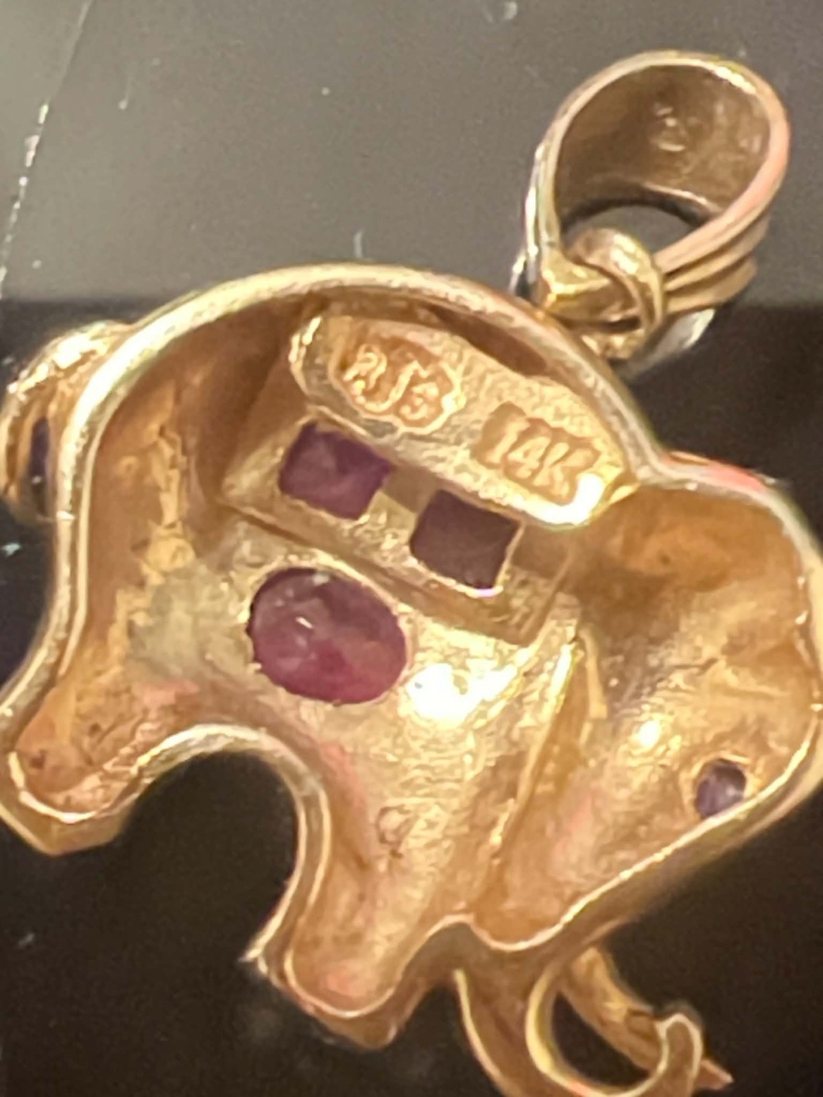 14K Yellow Gold Ruby Elephant Charm Pendant, Signed, Oval Red Stone