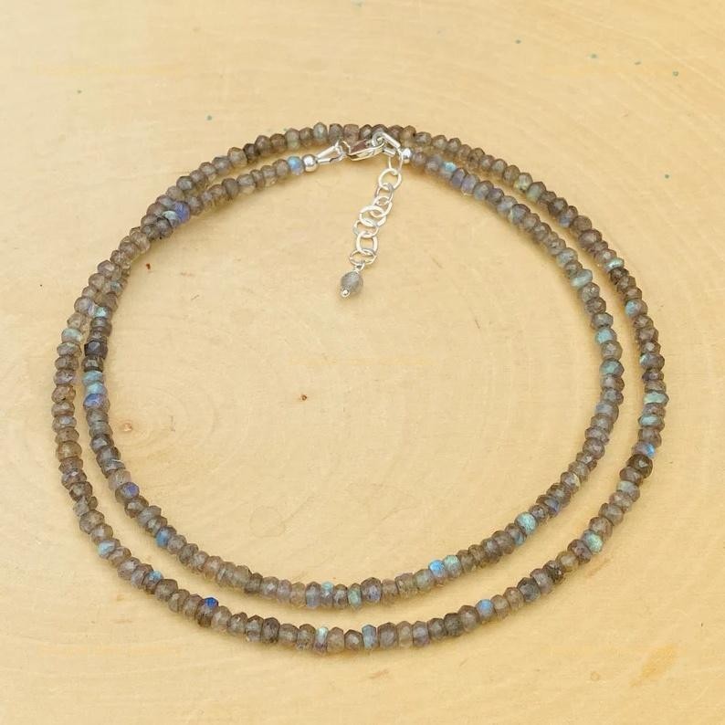 New Blue Flashy Sterling Silver Labradorite Gemstone Boho Beaded Necklace Chain