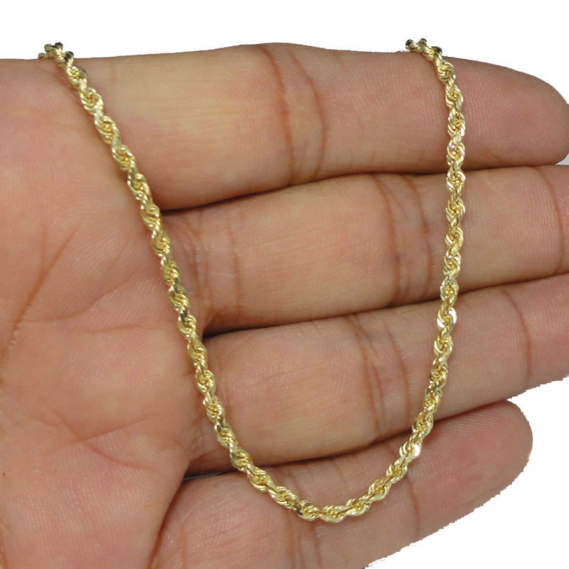 Real 10K Yellow Gold Diamond Cut Cross Charm Pendant & 2.5mm Rope Chain