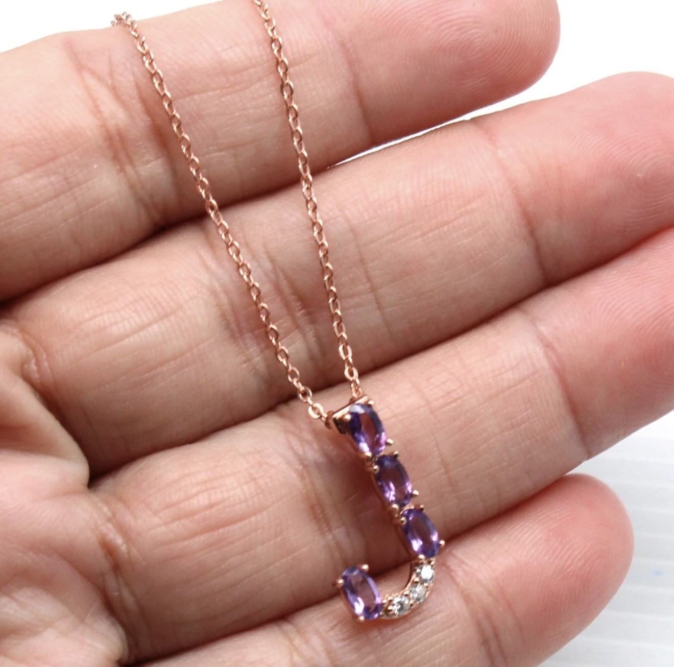 Stunning Natural Purple Amethyst Initial J -18K Rose Gold Pendant/Necklace 20 in