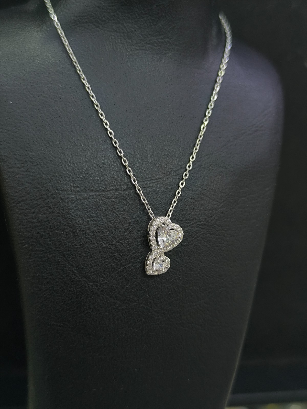 Sterling Silver 925 CZ Double Heart Pendant Necklace Halo Design