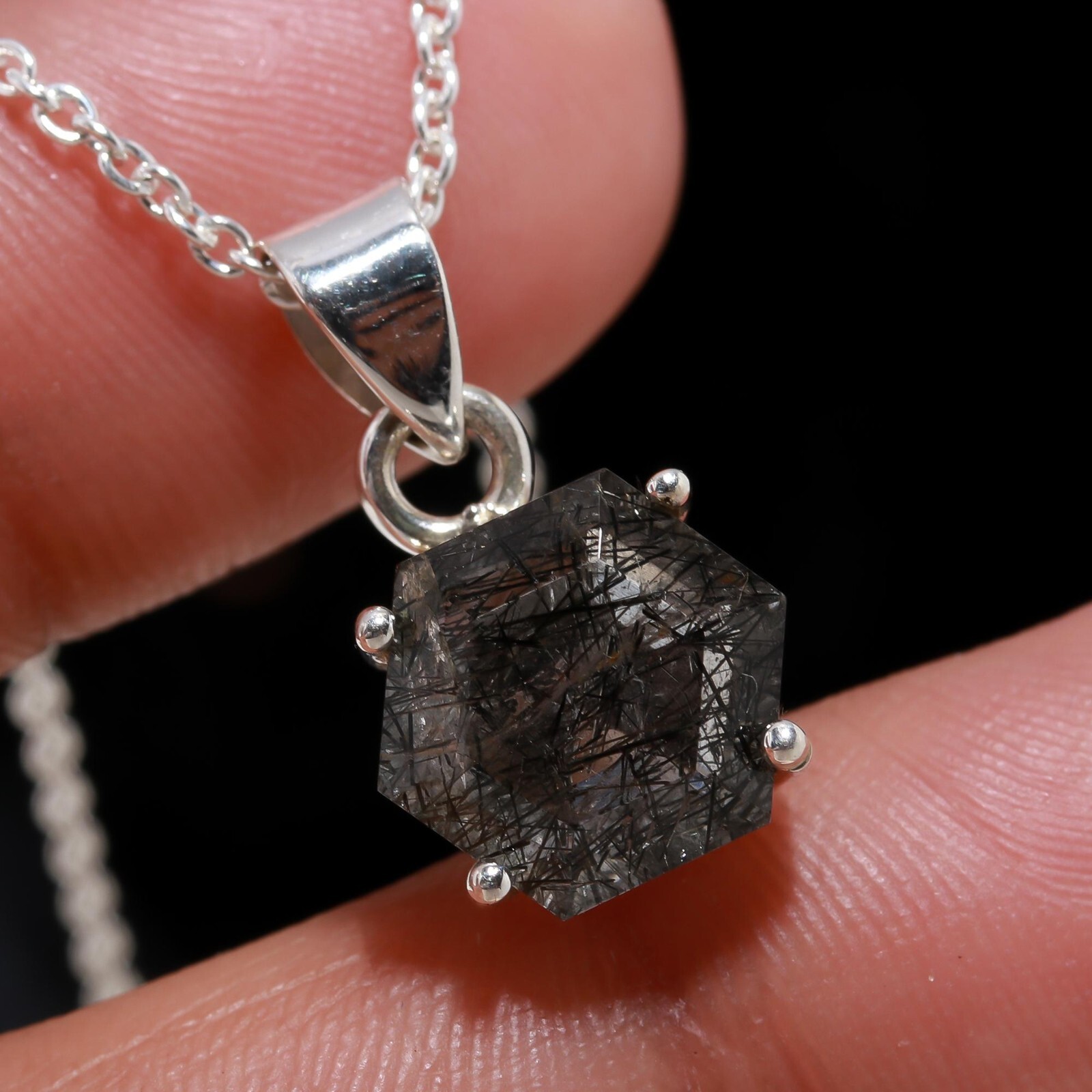 Natural Black Rutile Hexagon Shape Necklace Solid Silver Jewelry Christmas Gift