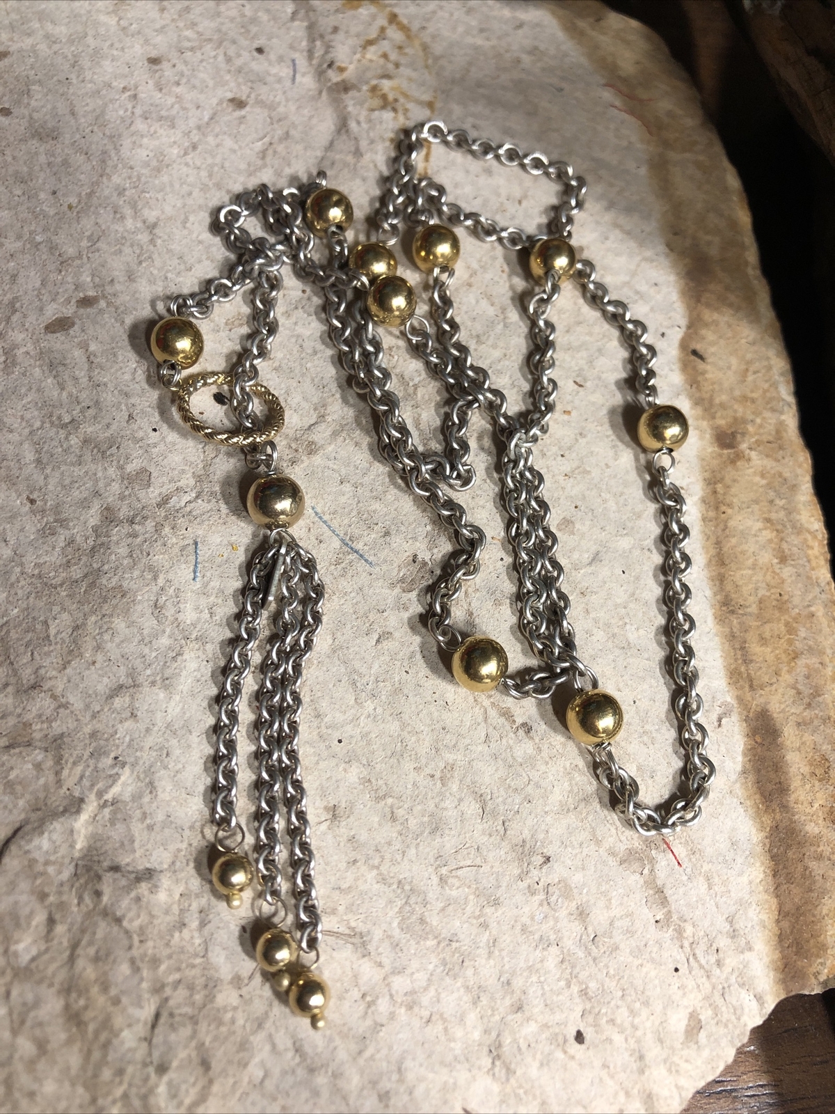 Vintage HANA Sterling Silver 925 Gold 14K Ball Lariat Tassel Necklace, 13.7g