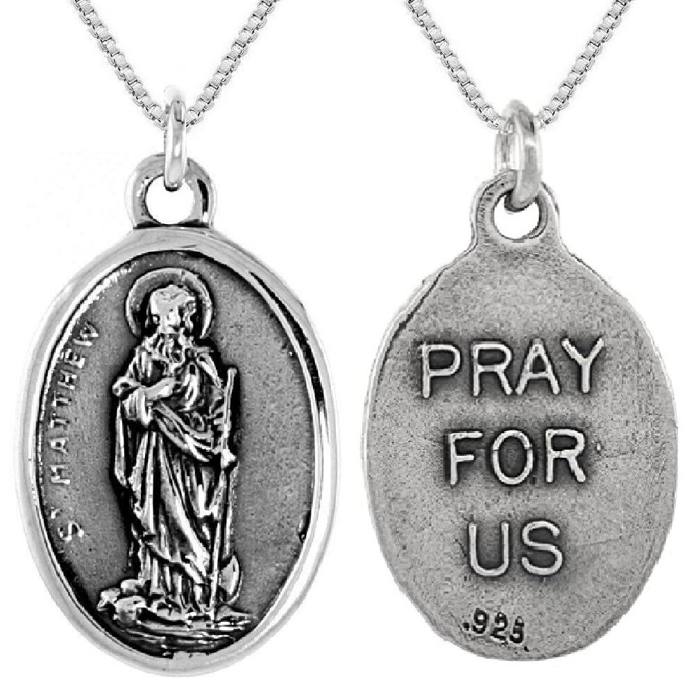 Sterling Silver St. Matthew Oval-Shaped Medal Pendant / Charm, Italian Box Chain