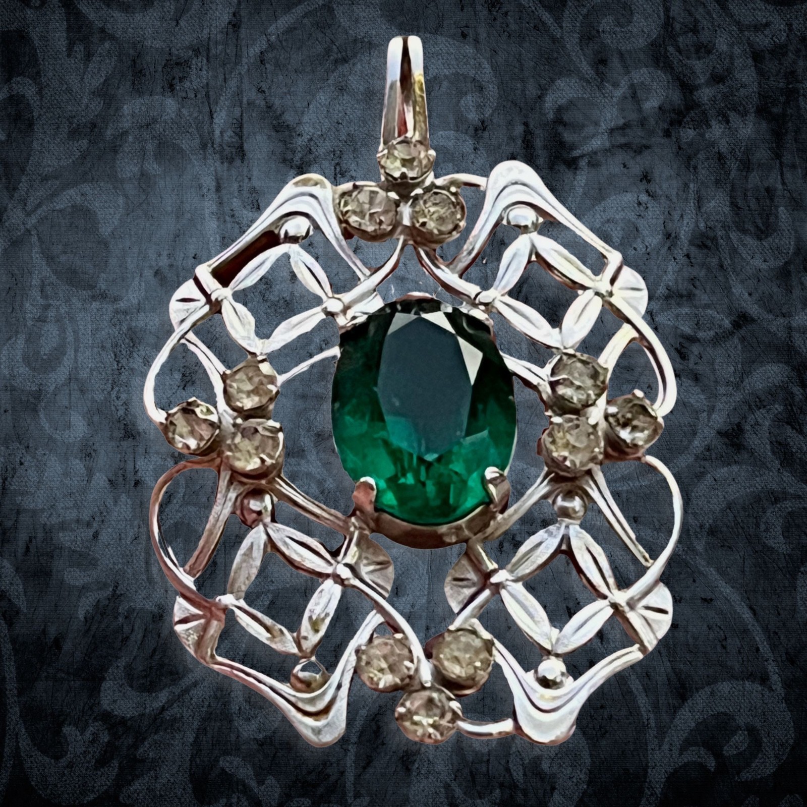 Vintage VO Brazil Sterling Silver Green Crystal Filigree Pendant Signed 925