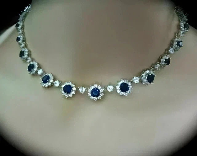 32Ct Round Lab-Created Sapphire Flower Tennis Necklace 14K White Gold Plated 20″