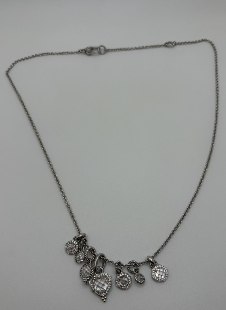 Judith Ripka 925 Sterling Silver Adjustable Charm Necklace 20″ Clear Stones