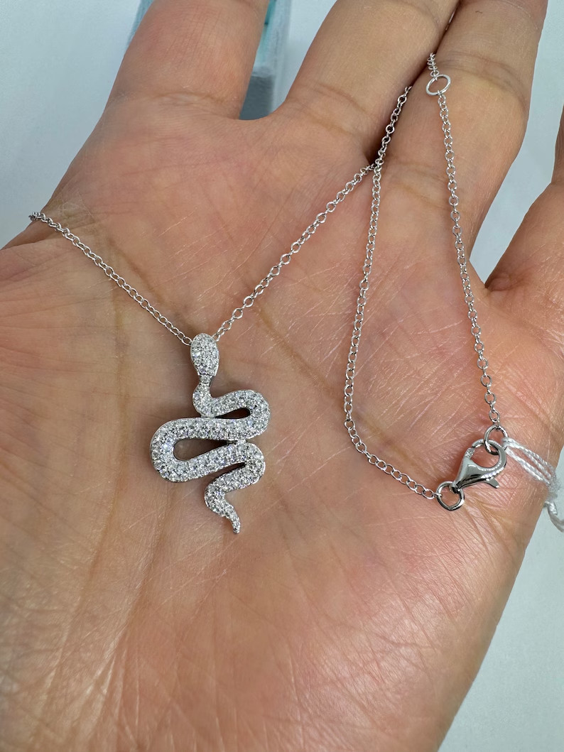 2Ct Round Cut Real Moissanite Snake Pendant 14K White Gold Plated Silver