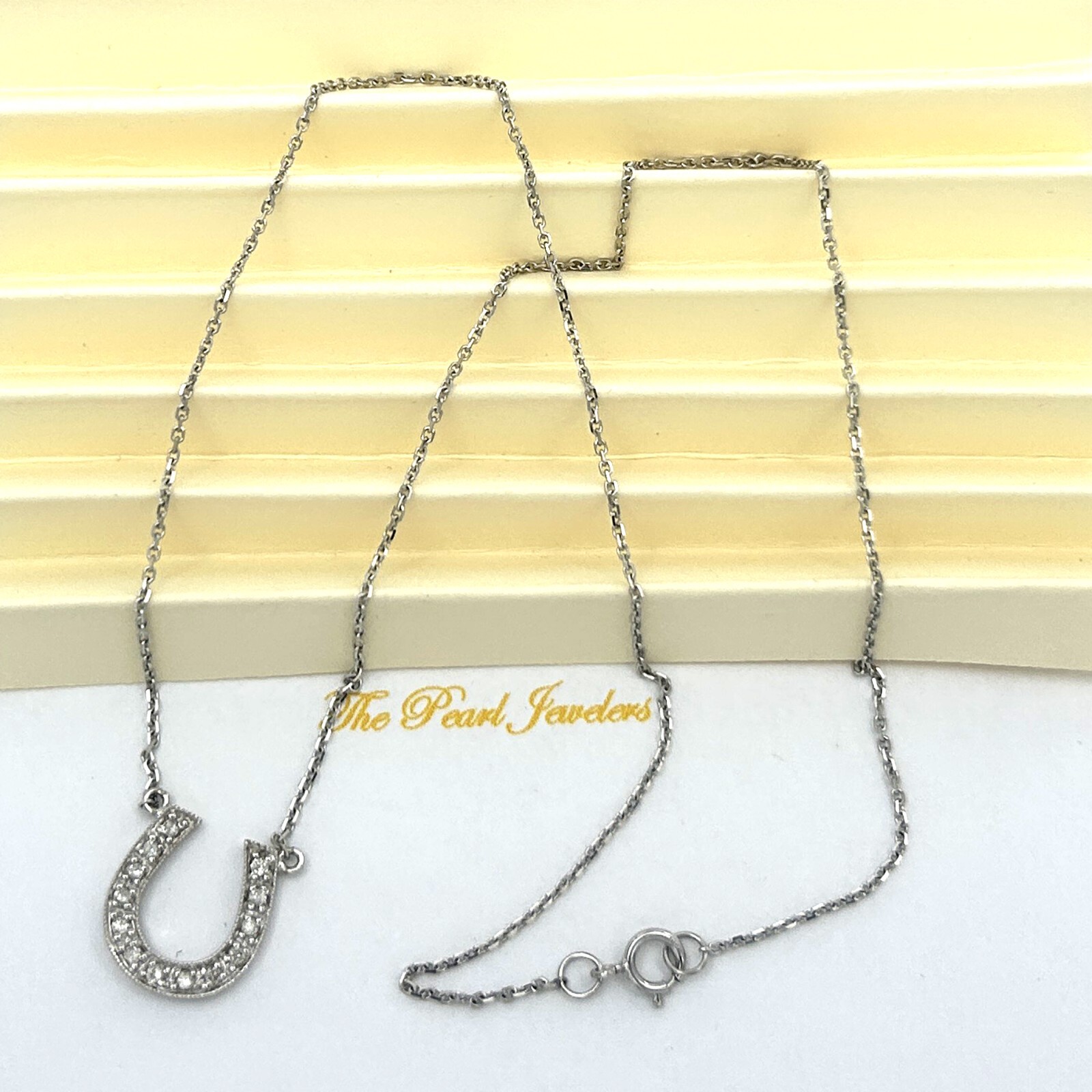 14kt Solid White Gold Classic Diamonds Horseshoe Necklace