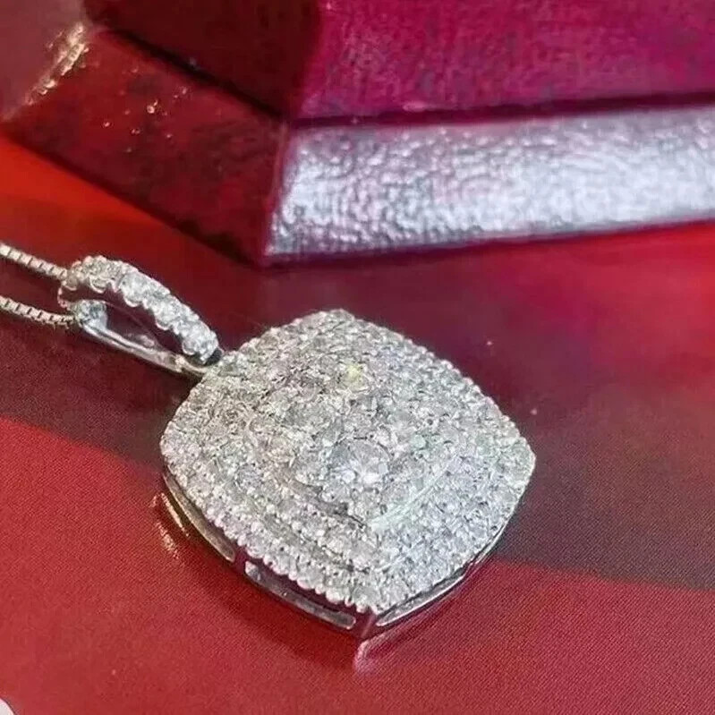3.00 Ct Round Cut Moissanite Pendant W/Chain 14K White Gold plated