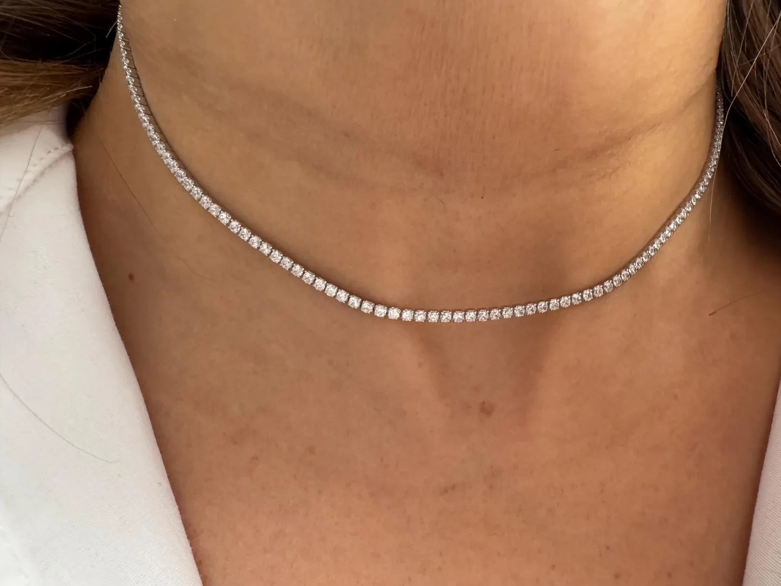 Round Natural Diamond GH/VS-SI Dainty Gift Tennis Necklace 16″ 14k White Gold