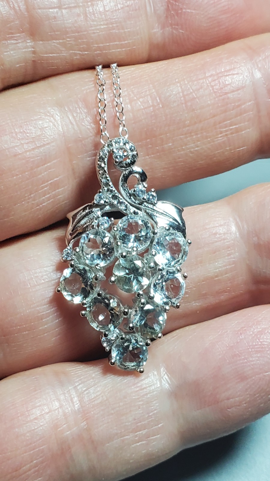 LOVELY DIAMOND & GREEN AMETHYST PLATINUM OVER 925 STERLING SILVER NECKLACE 18″