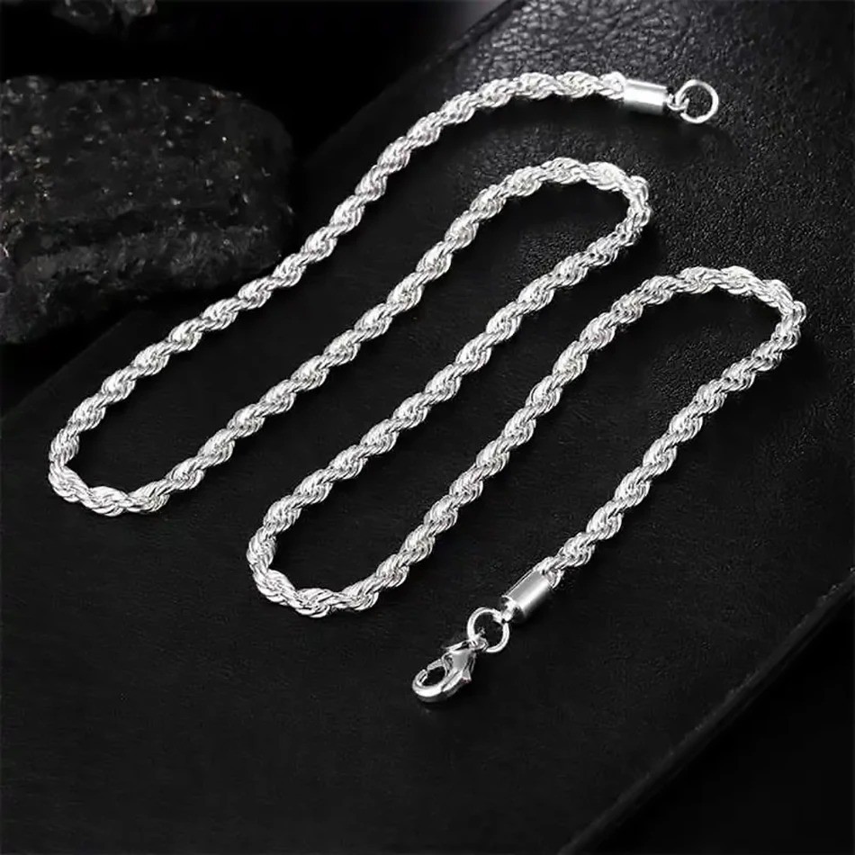 4mm Diamond Cut Solid 925 Sterling Silver Italian Rope Chain Men’s Necklace