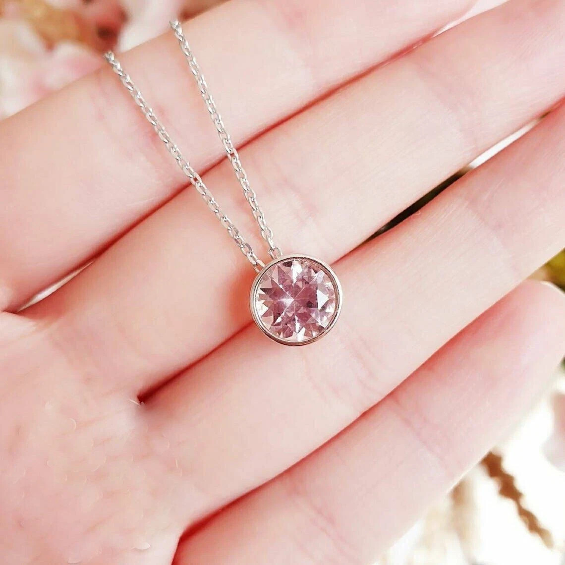 2 CT Solitaire Pink Sapphire Bezel Set Pendant With Free Chain 14K White Gold F