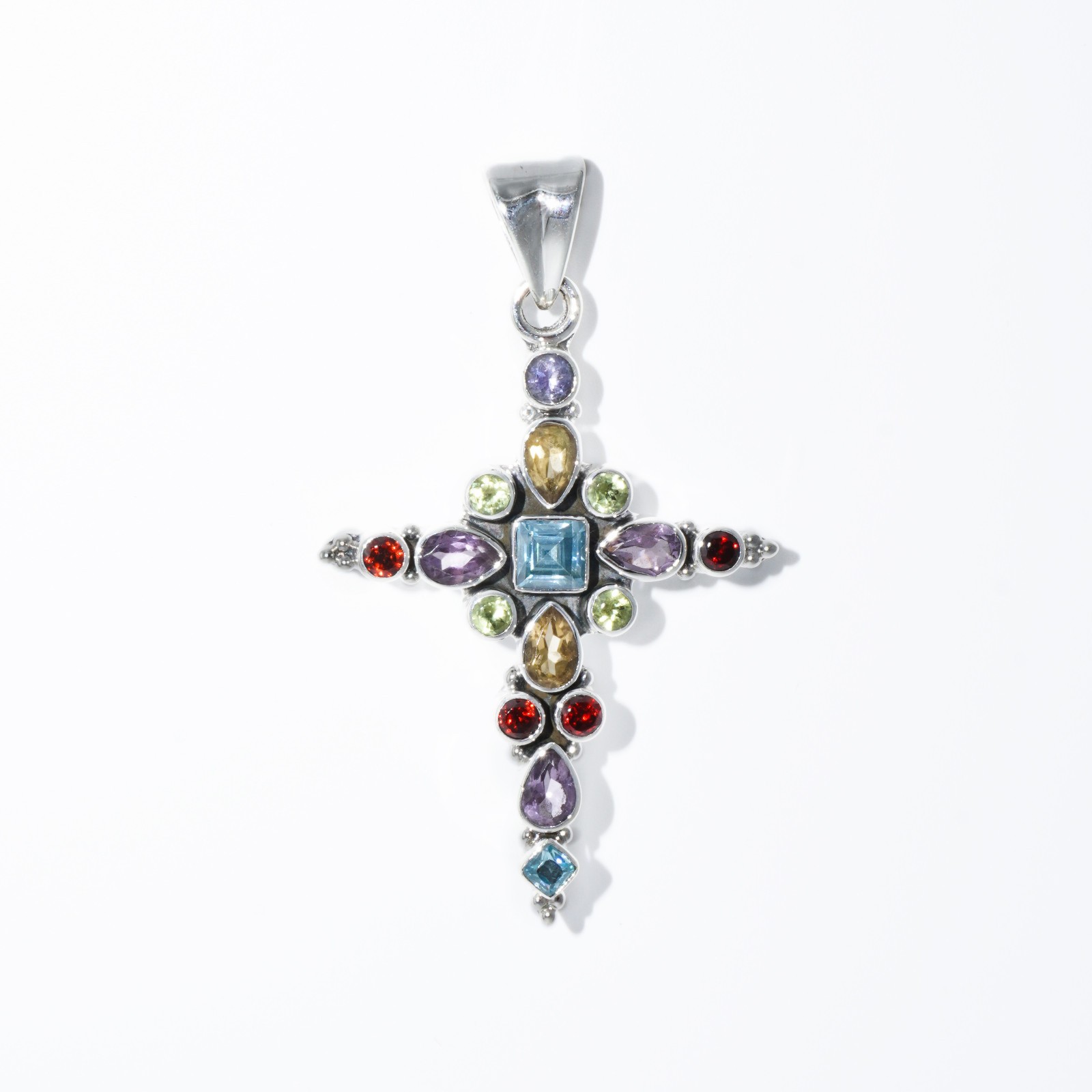 Genuine Multi Gemstone Cross Pendant Sterling Silver 925 Christian Jewelry Gift