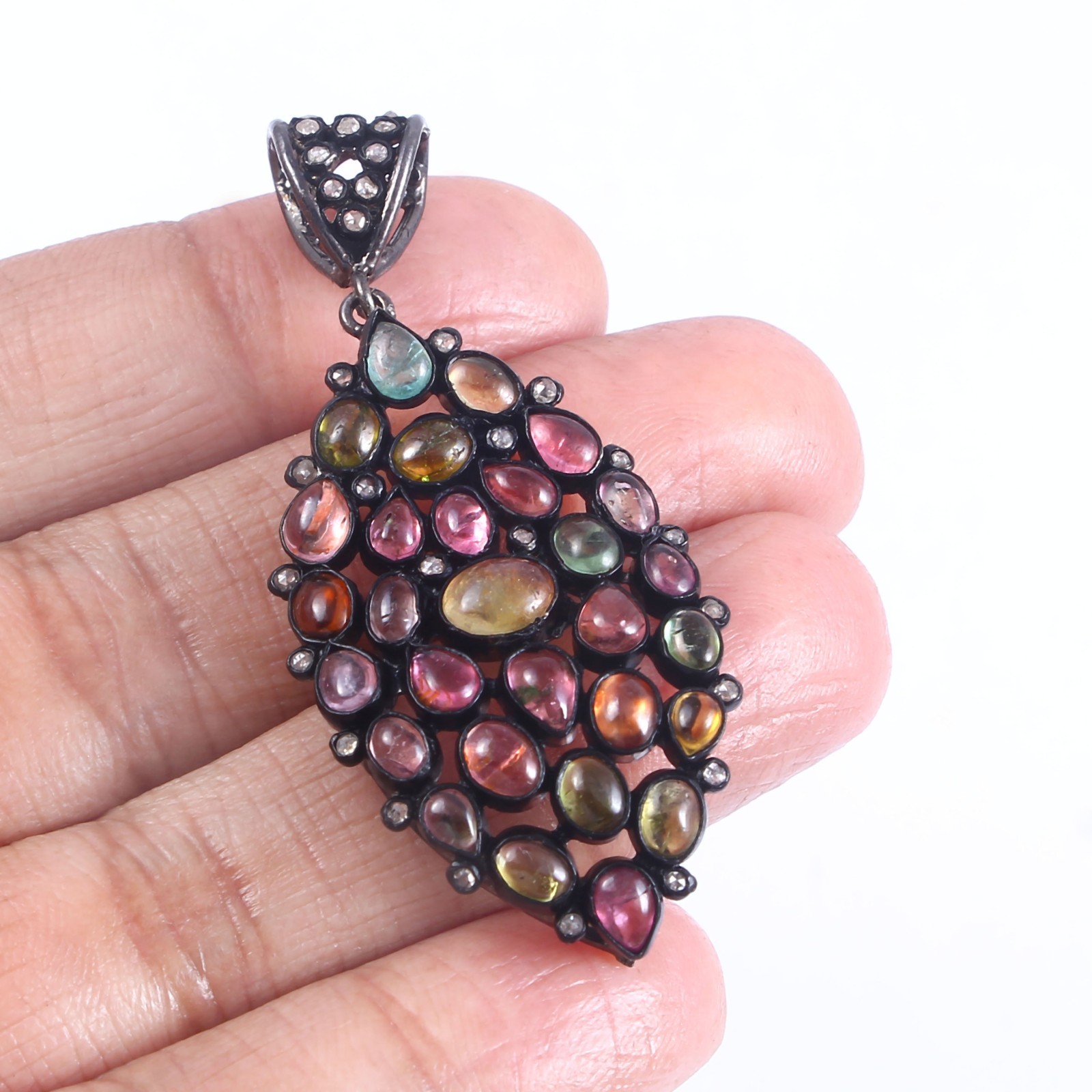 Natural Rose Cut Diamond Tourmaline Pendant Necklace 925 Sterling Silver