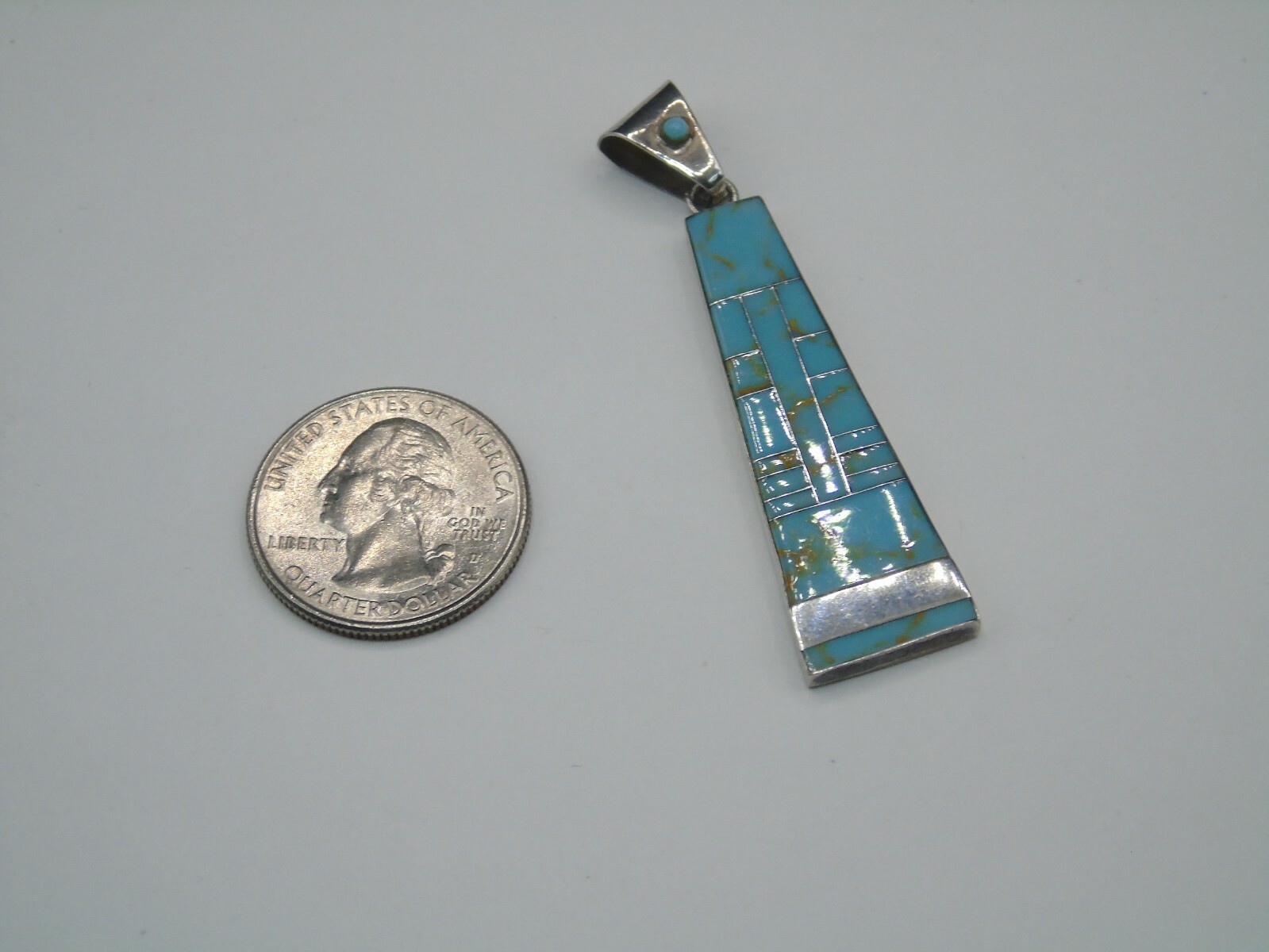 STERLING SILVER & TURQUOISE INLAY PENDANT IN PRE-OWNED VERY GOOD SHAPE