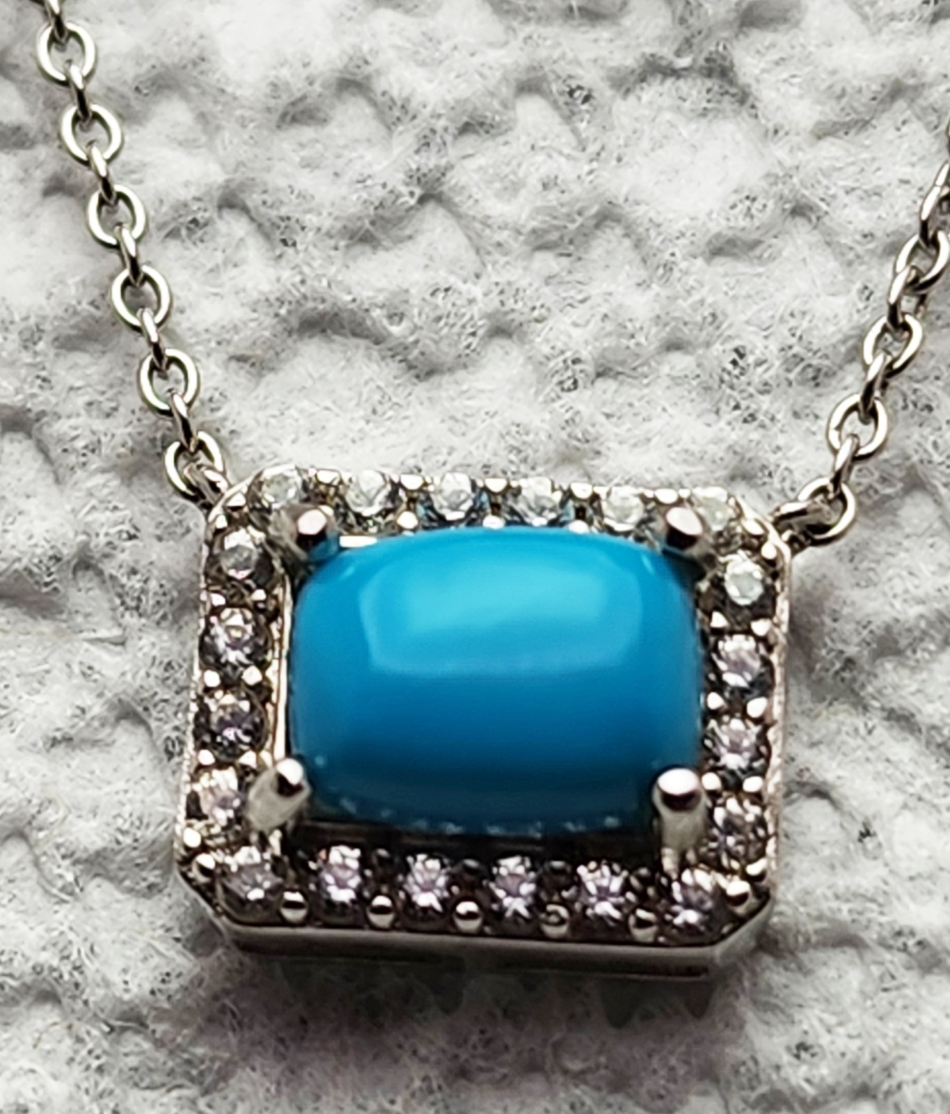 Wonderful Sterling Silver Turquoise Clear Stone Rectangle MLD 18” Necklace