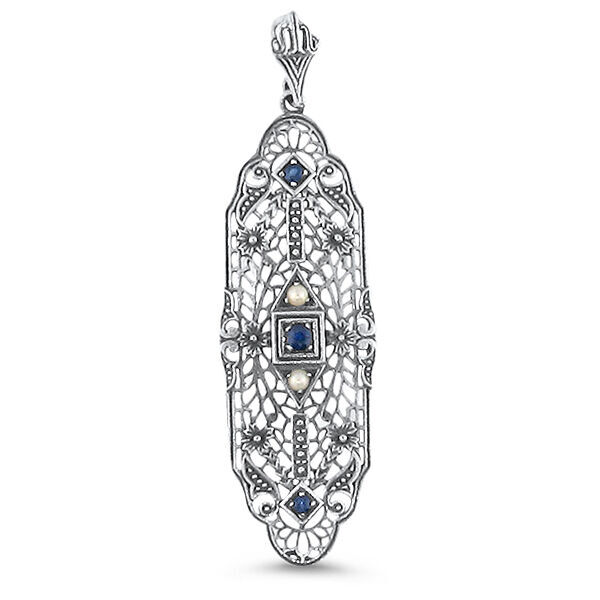 GENUINE SAPPHIRE PEARL CLASSIC ART DECO STYLE 925 STERLING SILVER PENDANT #092