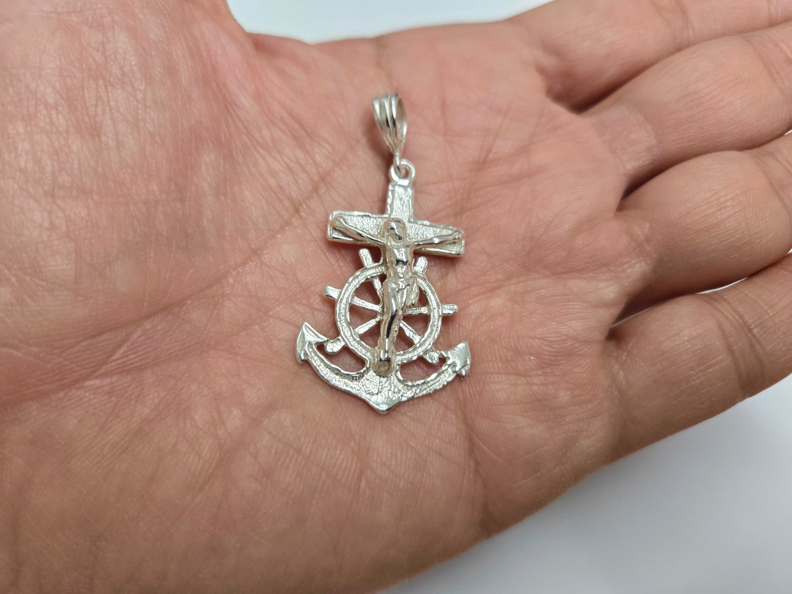 925 Sterling Silver Anchor Mariner Crucifix Cross Pendant 1 1/2 Inch Tall (38mm)
