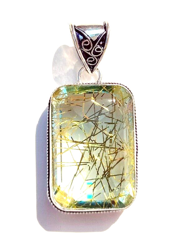 925 Sterling Silver Pendant Handmade Jewelry Golden Rutilated Quartz Gemstone