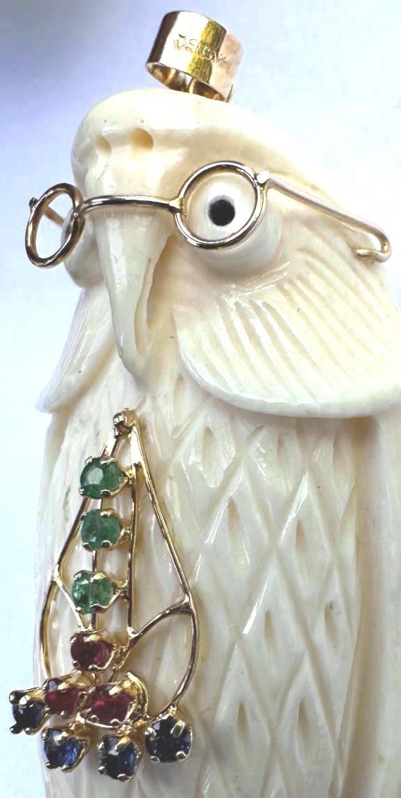 Beautiful 14K 585 Gold Wise Owl Pendant with Glasses and Multiple Color Stones
