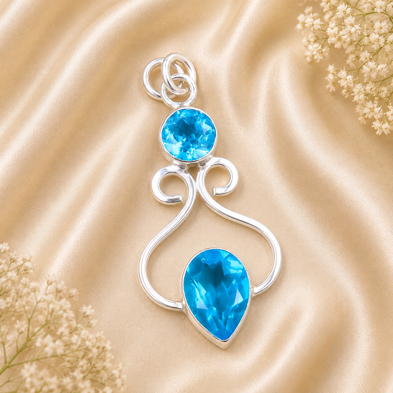Swiss Blue Topaz 925 Sterling Silver Chain Pendent 1.60″ Gift For Engagement