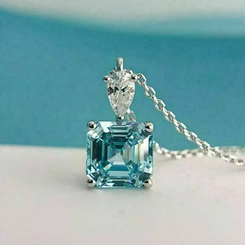 4Ct Asscher Cut Aquamarine Solitaire Pendant 14K White Gold Finish Free Chain