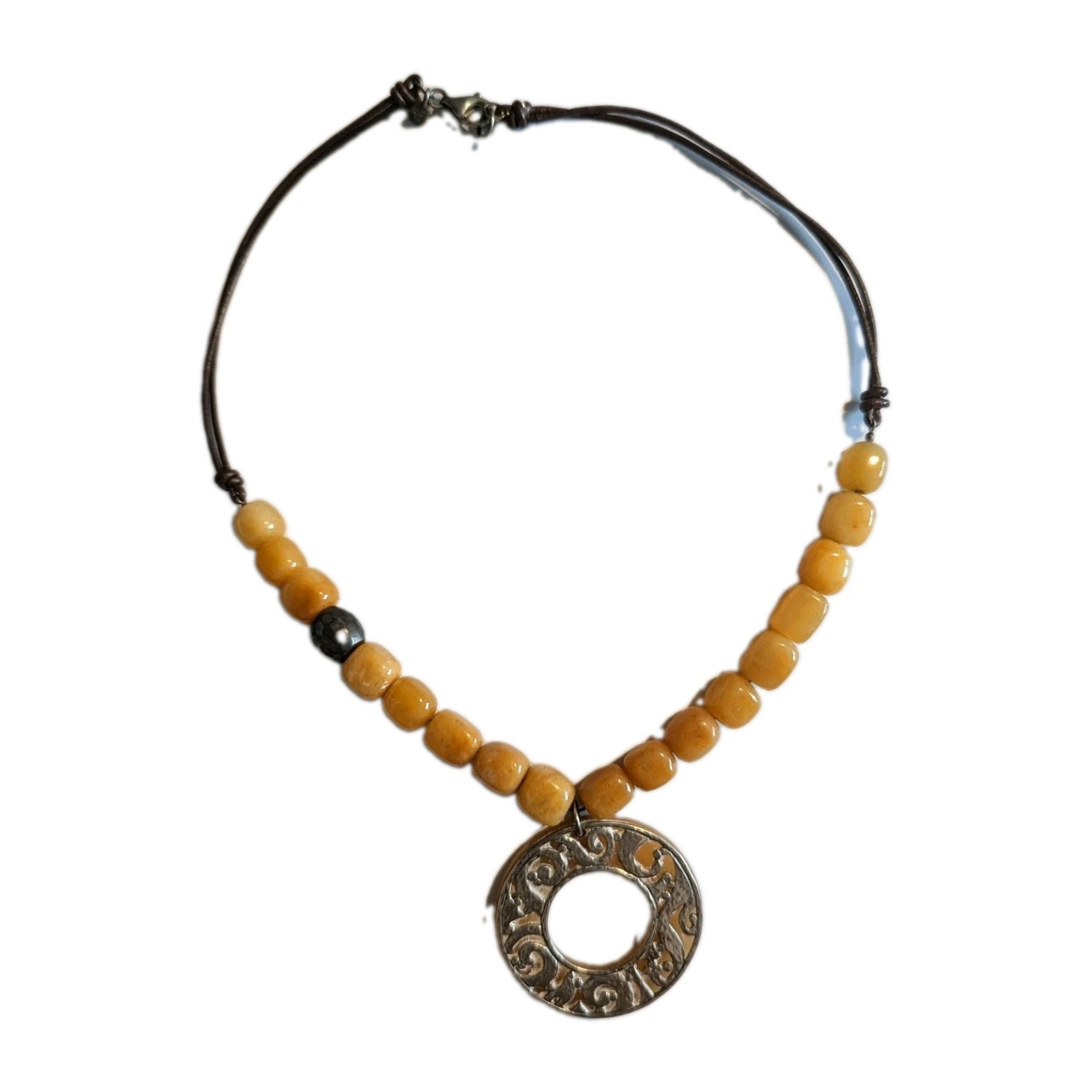 Silpada N1837 Serpentine Yellow Jade Bead Disc Necklace Sterling Silver Filigree