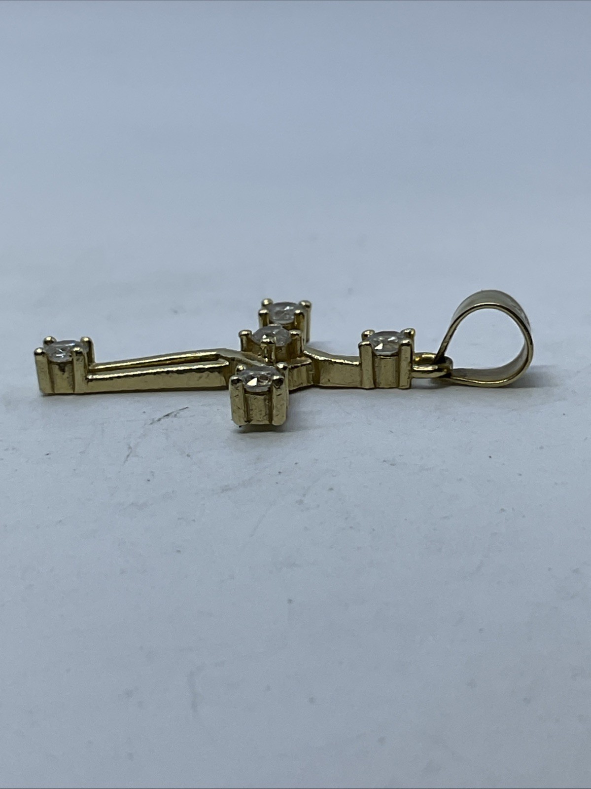 CROSS Charm Pendant (30mm x 17mm) Solid 13K Yellow Gold White CZ HANDMADE 2gr.
