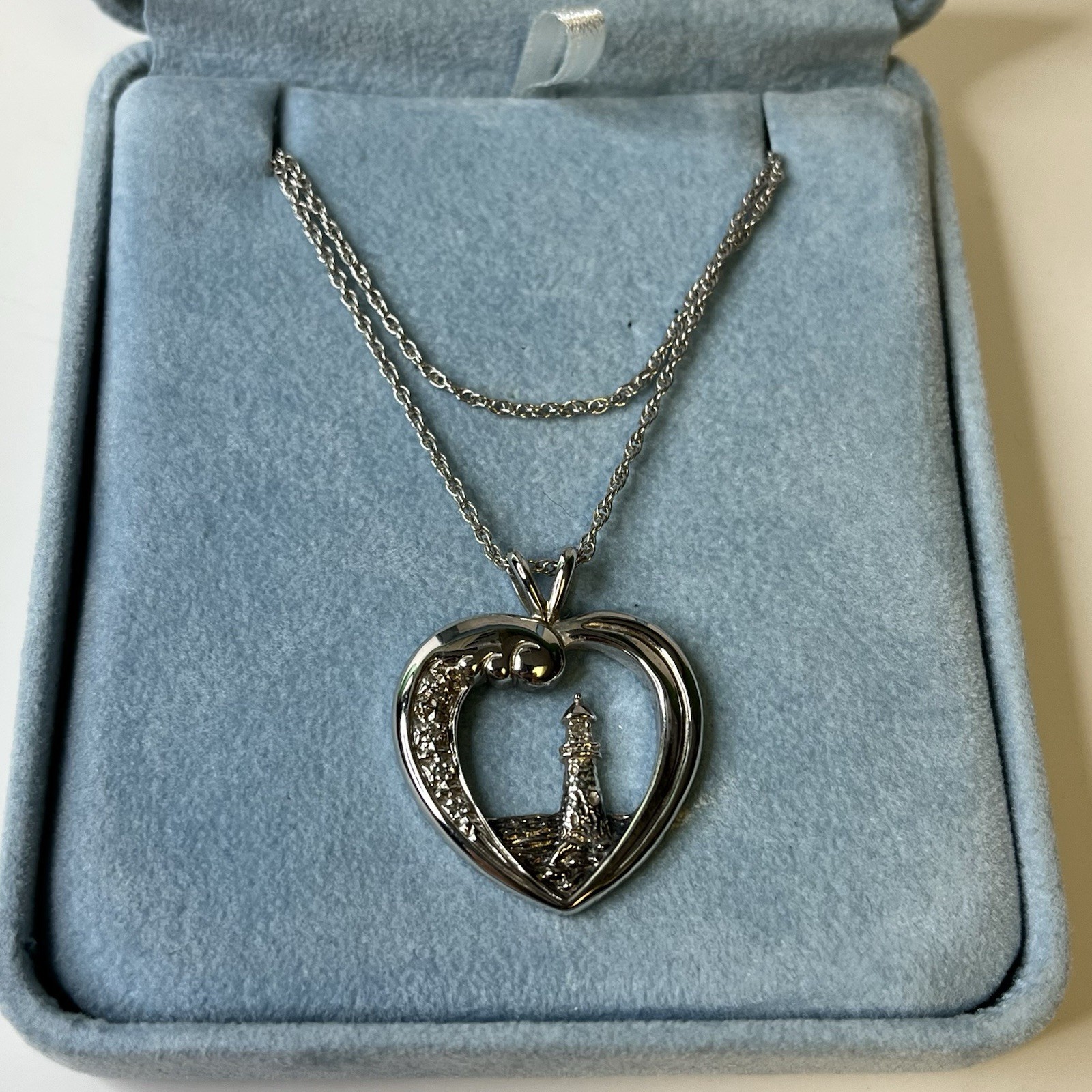 NIB Vtg Thomas Kinkade Heart Lighthouse Necklace Pendant 5 Diamonds – 925 Silver