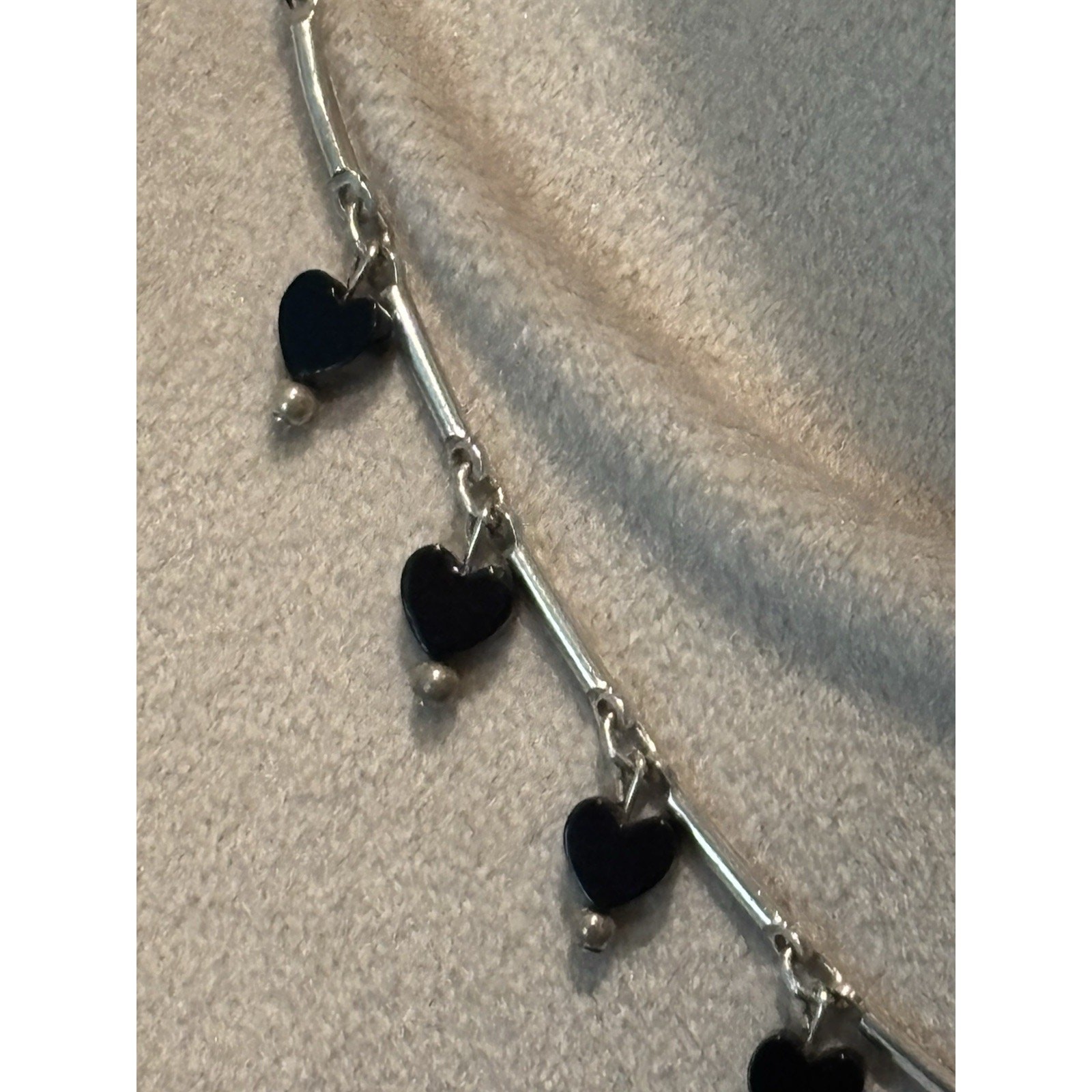 Sterling Silver 17” Bar Link Necklace With Black Heart Dangles 925