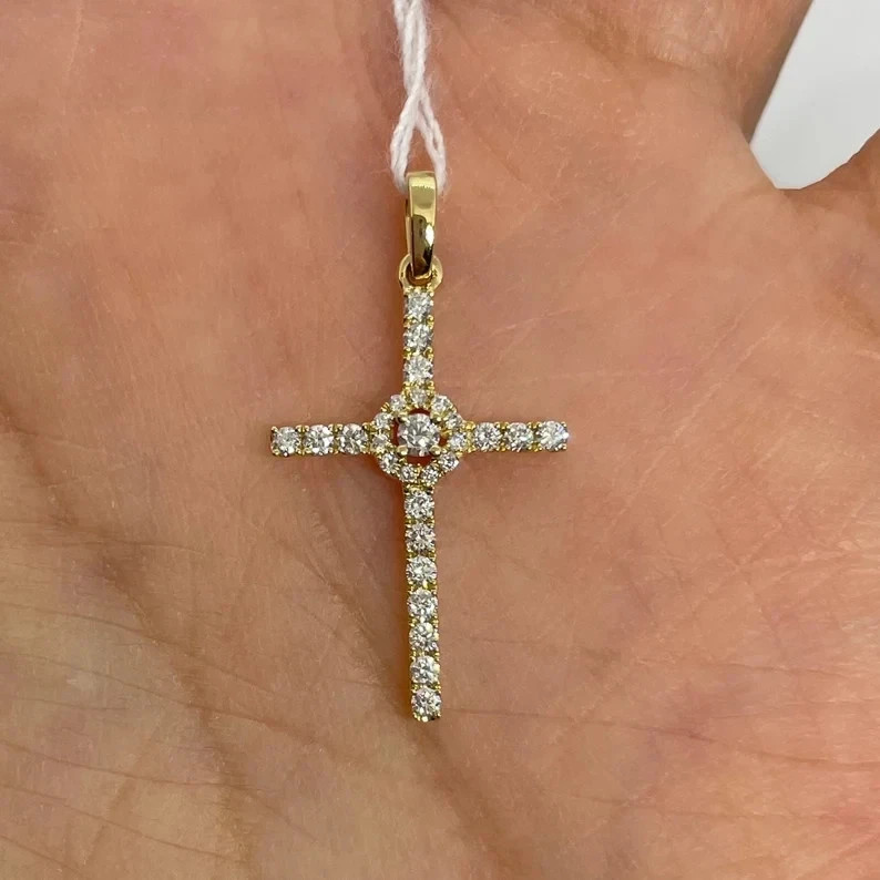 1.00Ct Round Cut Real Moissanite Women’s Cross Pendant 14K Yellow Gold Plated