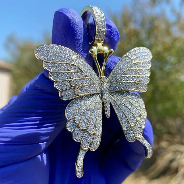 5.00Ct Round Cut Real Moissanite Butterfly Pendant 14K Yellow Gold Plated