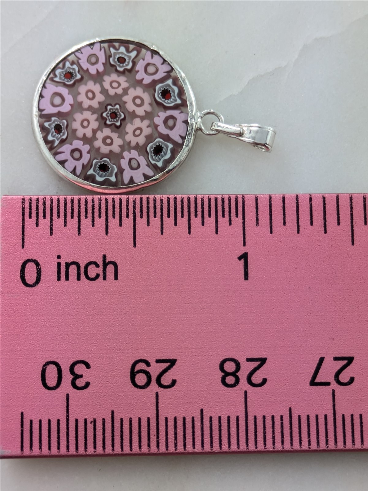 Vintage Solid Sterling Silver Pink and Red Millefiori Flowers Pendant 2 Grams