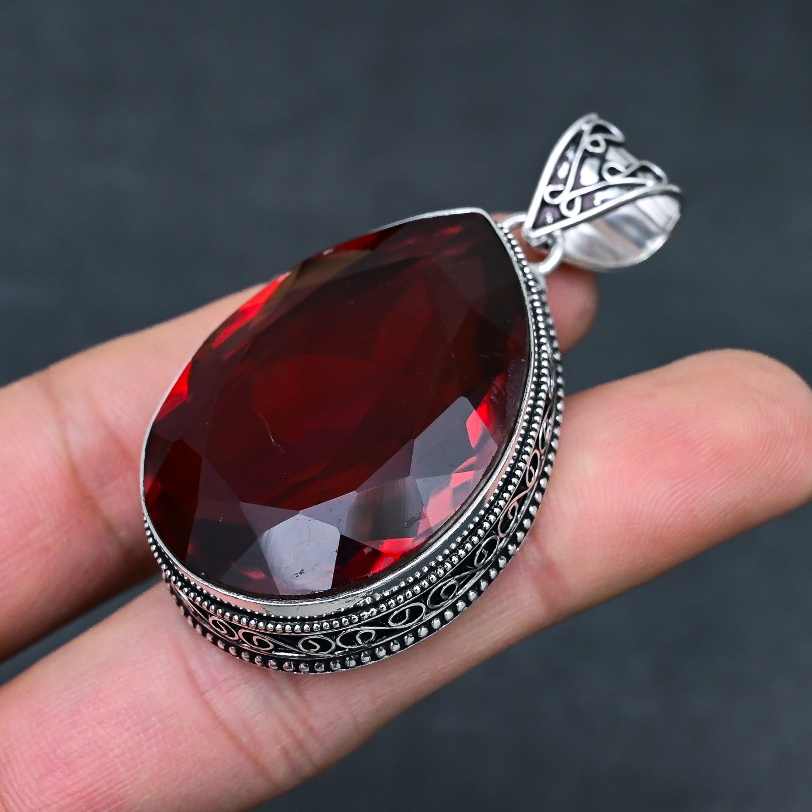 Red Garnet Gemstone 925 Sterling Silver Pendant Handmade Jewelry Gift For Her