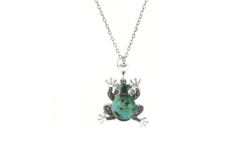 925 Sterling Silver Genuine Marcasite Turquois Frog Pendant Necklace – 18″