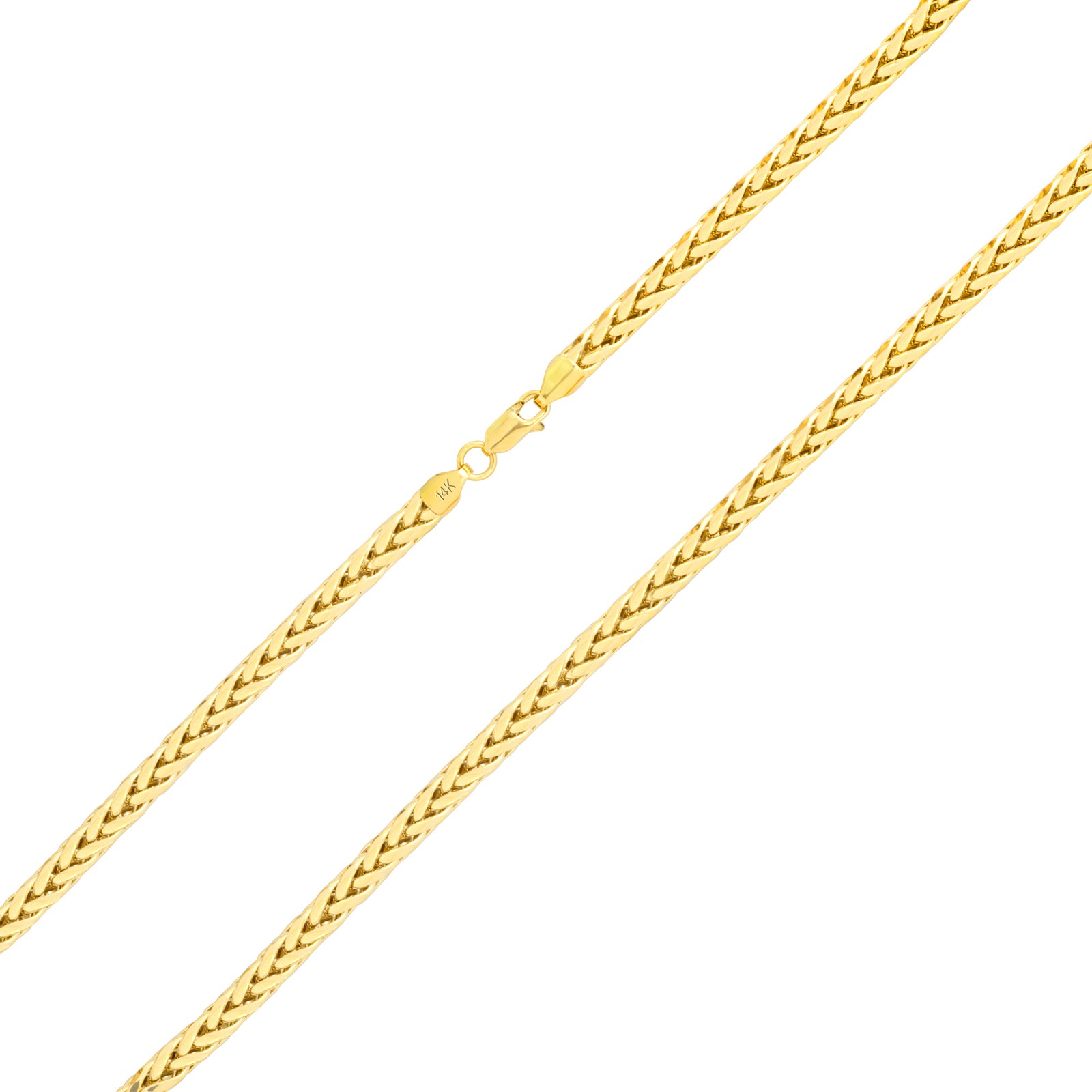 14K Yellow Gold 2.5mm-5mm Round Wheat Palm Franco Spiga Chain Necklace 16″- 30″