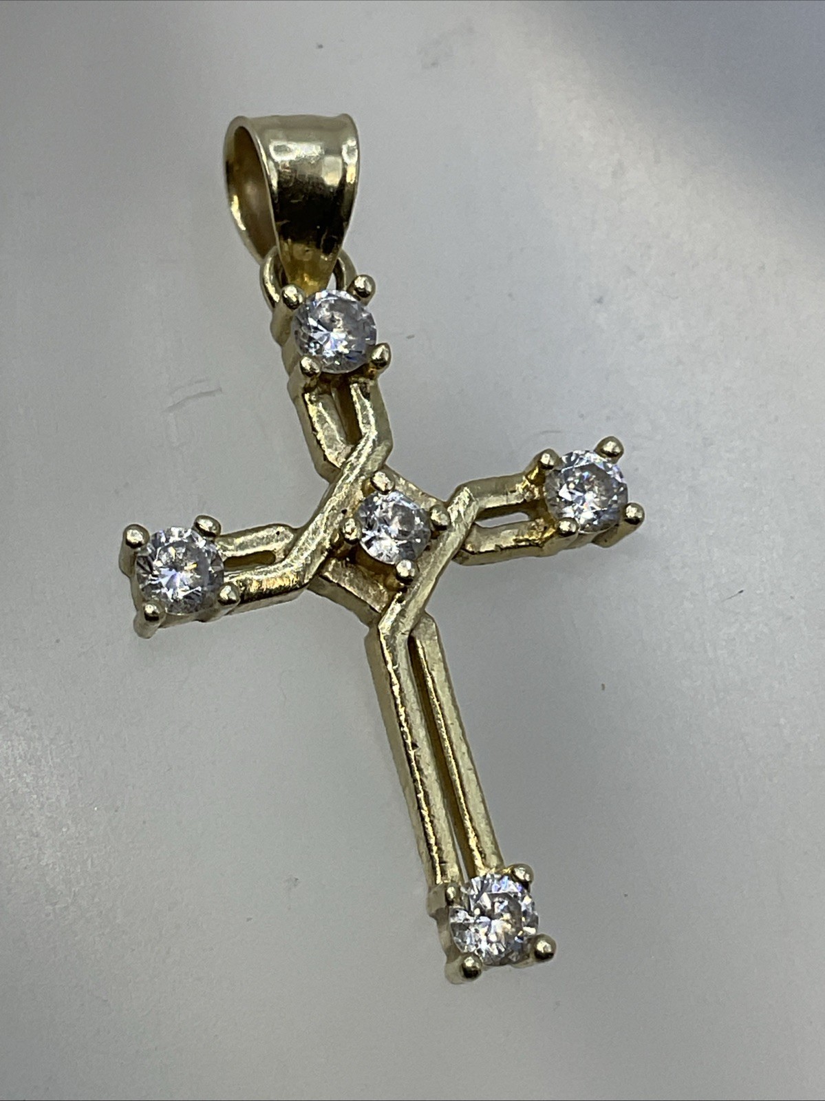 CROSS Charm Pendant (30mm x 17mm) Solid 13K Yellow Gold White CZ HANDMADE 2gr.