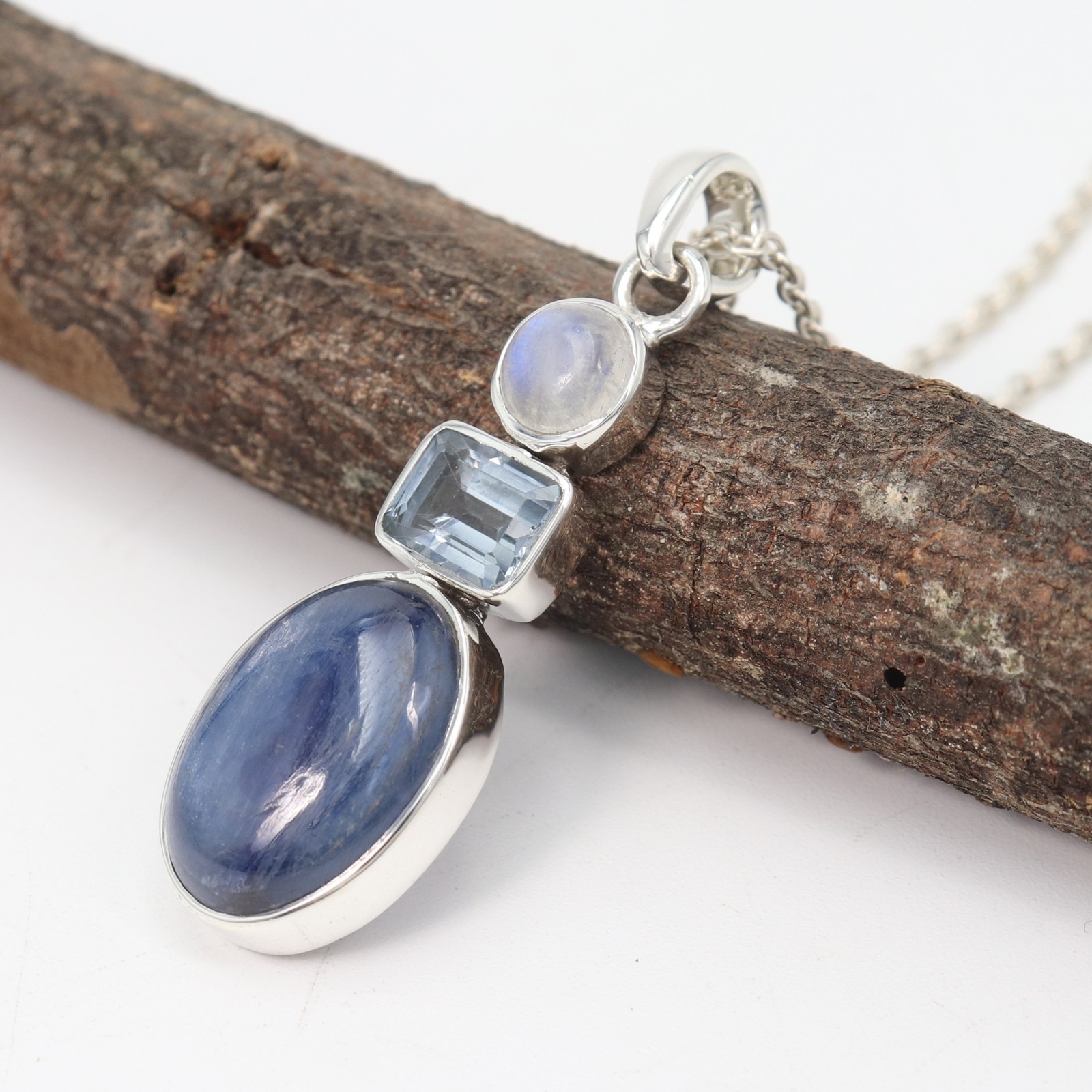 925 Sterling Silver Kyanite Moonstone Blue Topaz Multi Gemstone Necklace