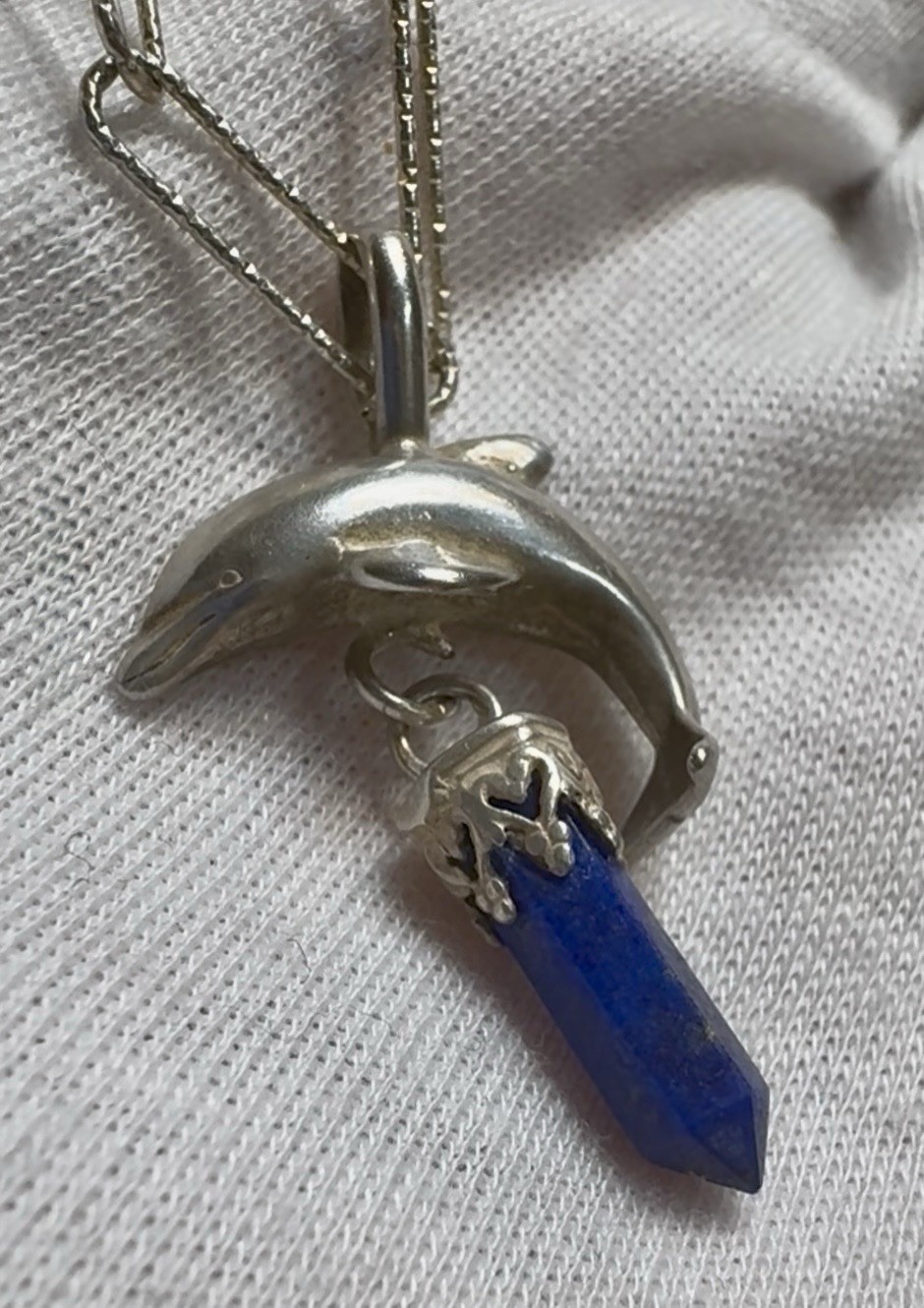 Sterling Silver Etched Paperclip Dolphin Necklace with Lapis Crystal Point Italy