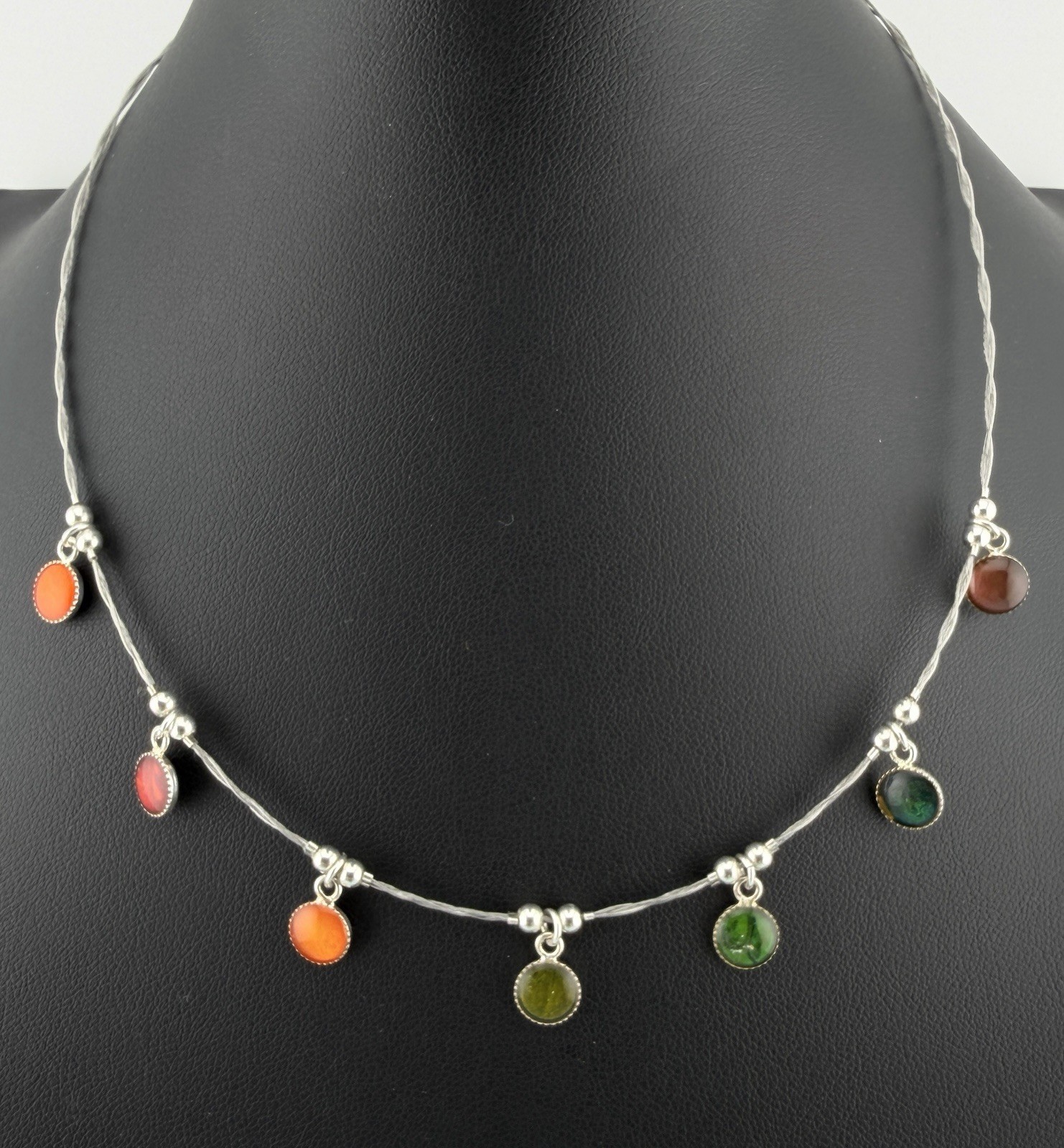Sterling Silver Gemstone Station Necklace Multi Color Cabochon 16”+3” Extender
