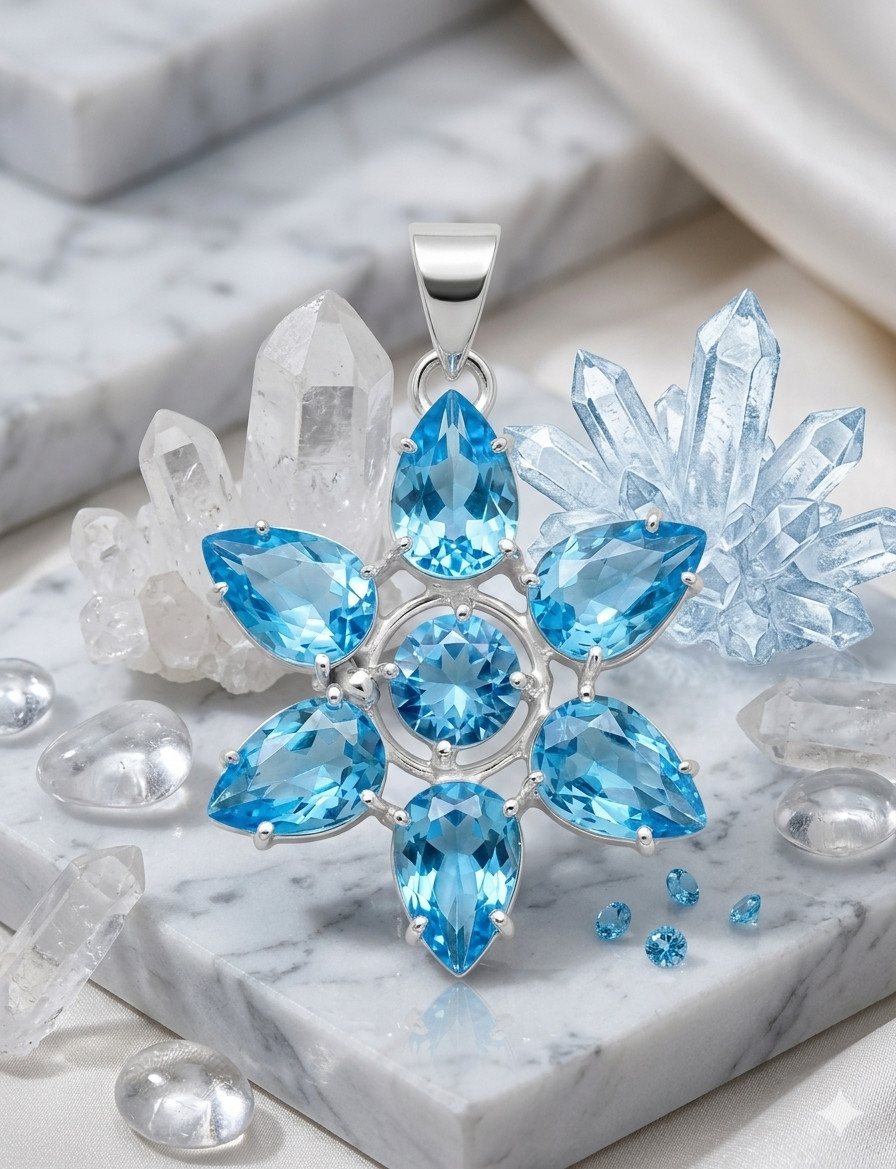 Swiss Blue Topaz Gemstone Floral Pendant 925 Sterling Silver Jewelry S-1.20″