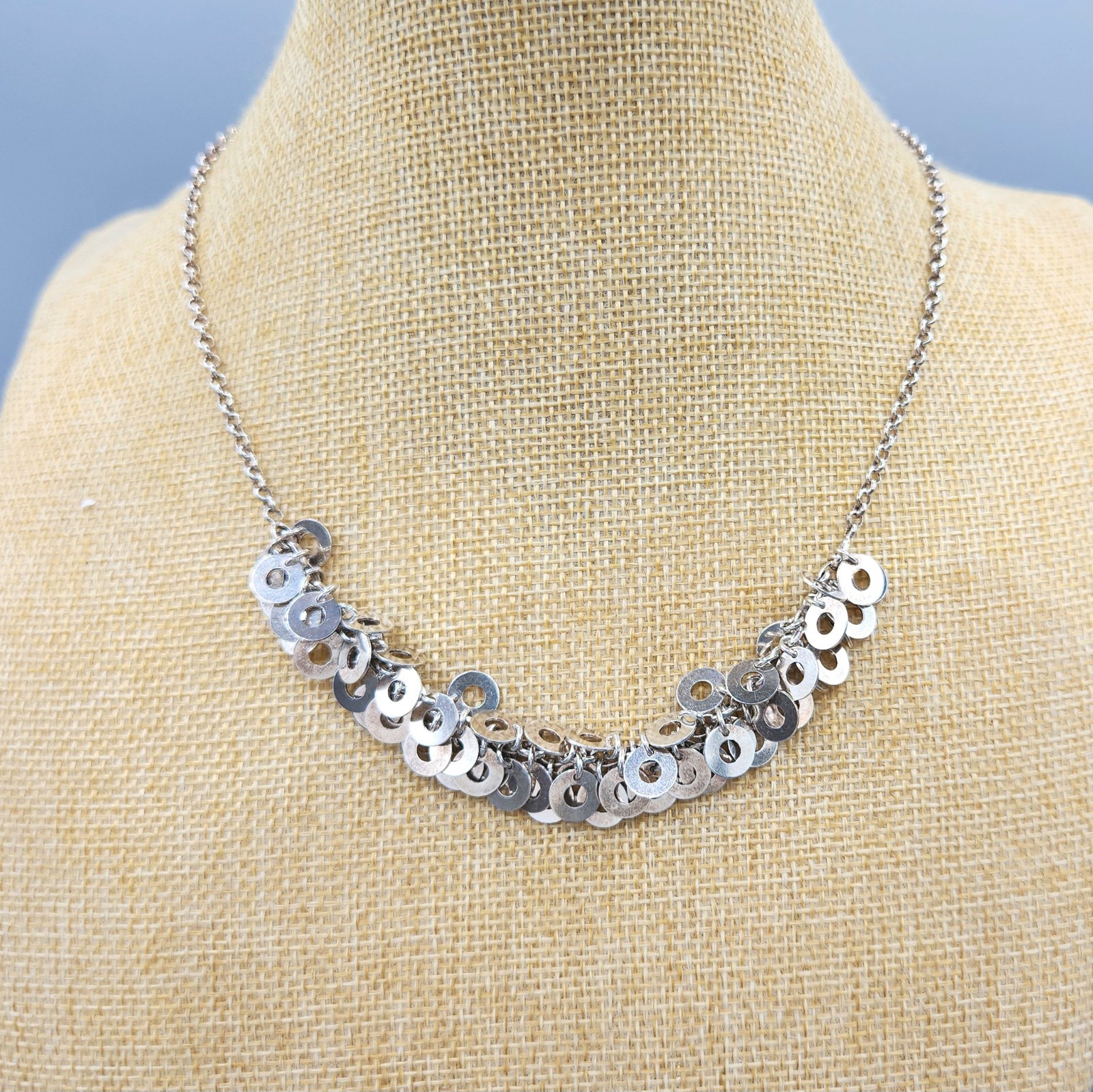 Solid Silver Sterling Disc Charm Dangle Fringe Chain Necklace 17″ 24.8g