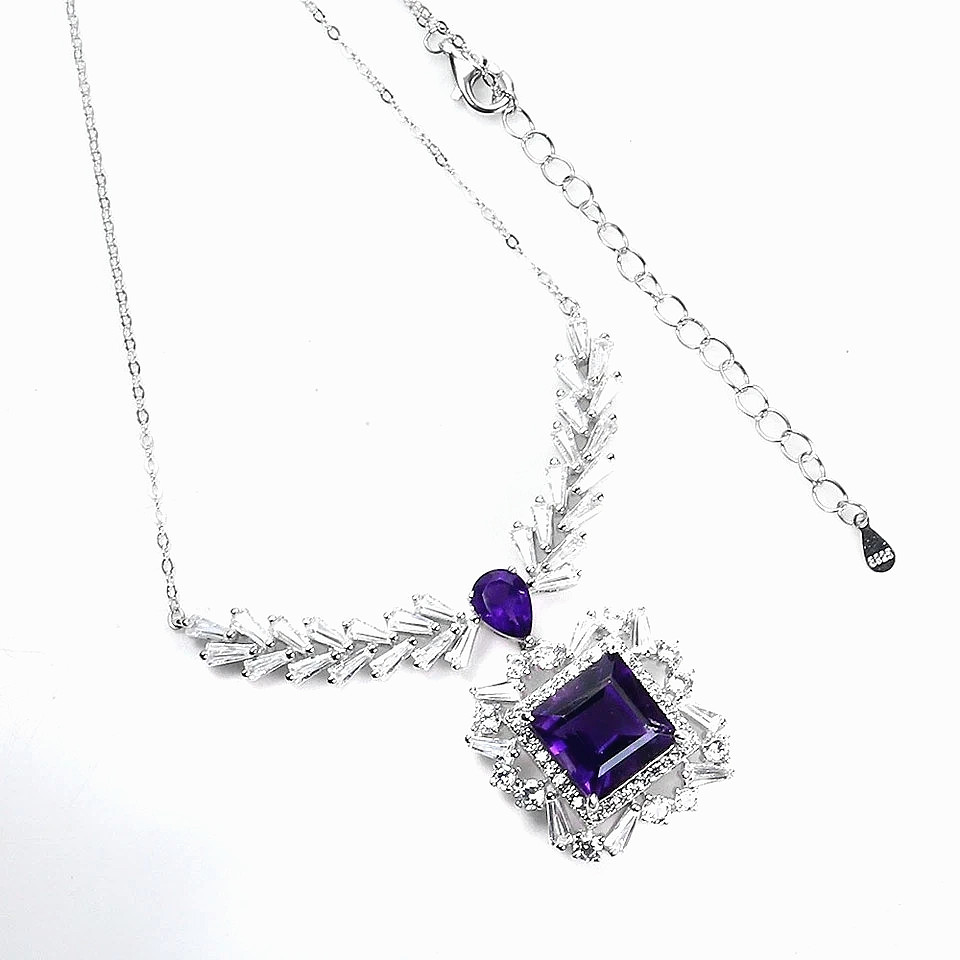 NATURAL RICH PURPLE AMETHYST NECKLACE WHITE CZ 925 STERLING SILVER 14K WGP 16.5