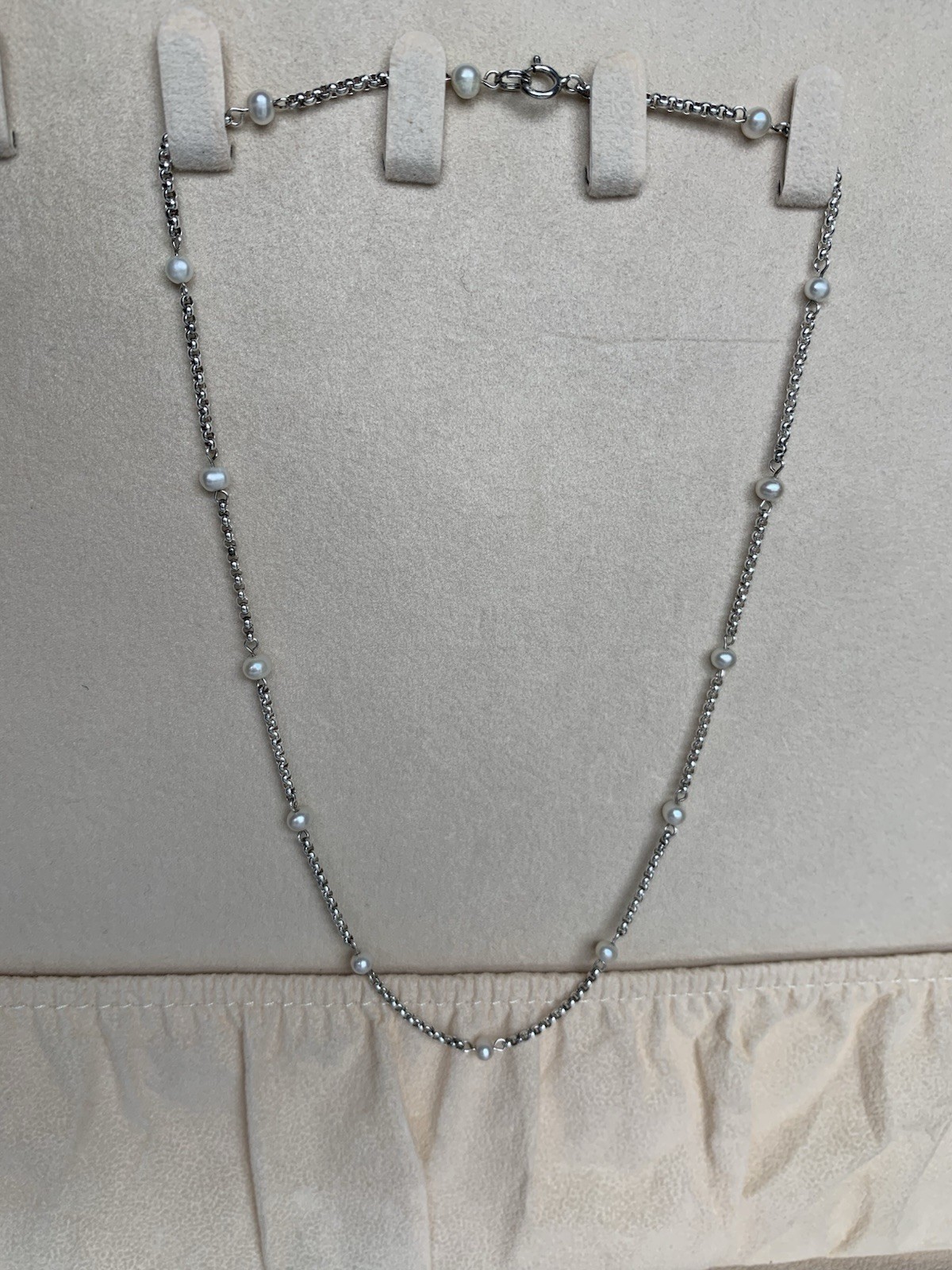 Sterling Silver Box Chain Pearl Bead Station Necklace Minimalist Dainty 16.5”
