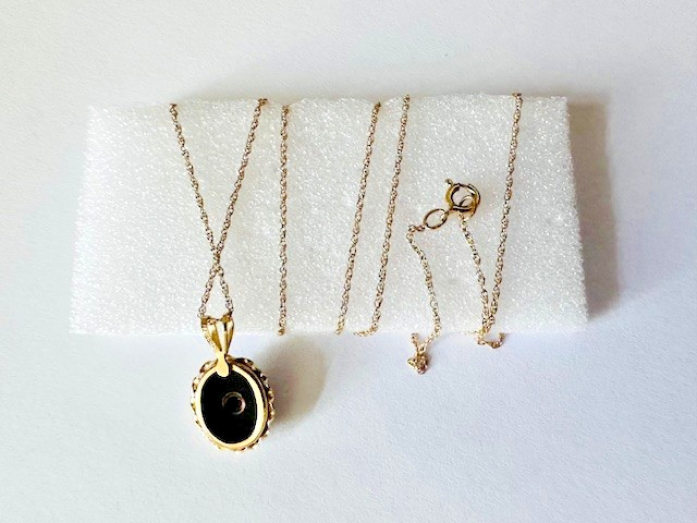 Estate 14K Yellow Gold Onyx & Diamond Pendant Chain Necklace